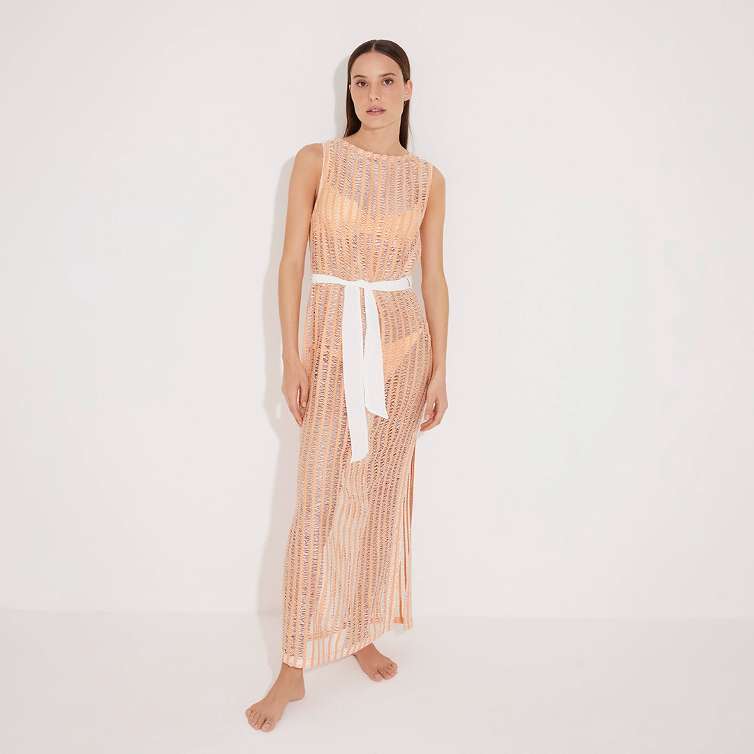 Roma Orange/White Knit Belted Maxi Dress | Moeva | Beachwear Dresses | Each week unveils new pieces—luxury swimwear, fluid resort silhouettes, and elevated summer-to-evening essentials designed to carry you from coastal escapes to city nights.