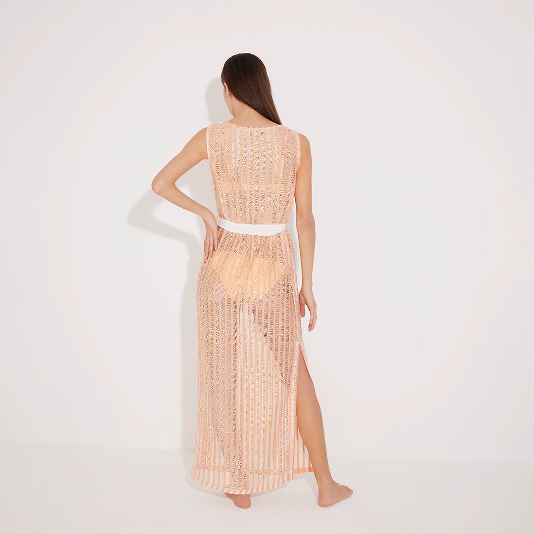 Roma Orange/White Knit Belted Maxi Dress | Moeva | Beachwear Dresses | Each week unveils new pieces—luxury swimwear, fluid resort silhouettes, and elevated summer-to-evening essentials designed to carry you from coastal escapes to city nights.