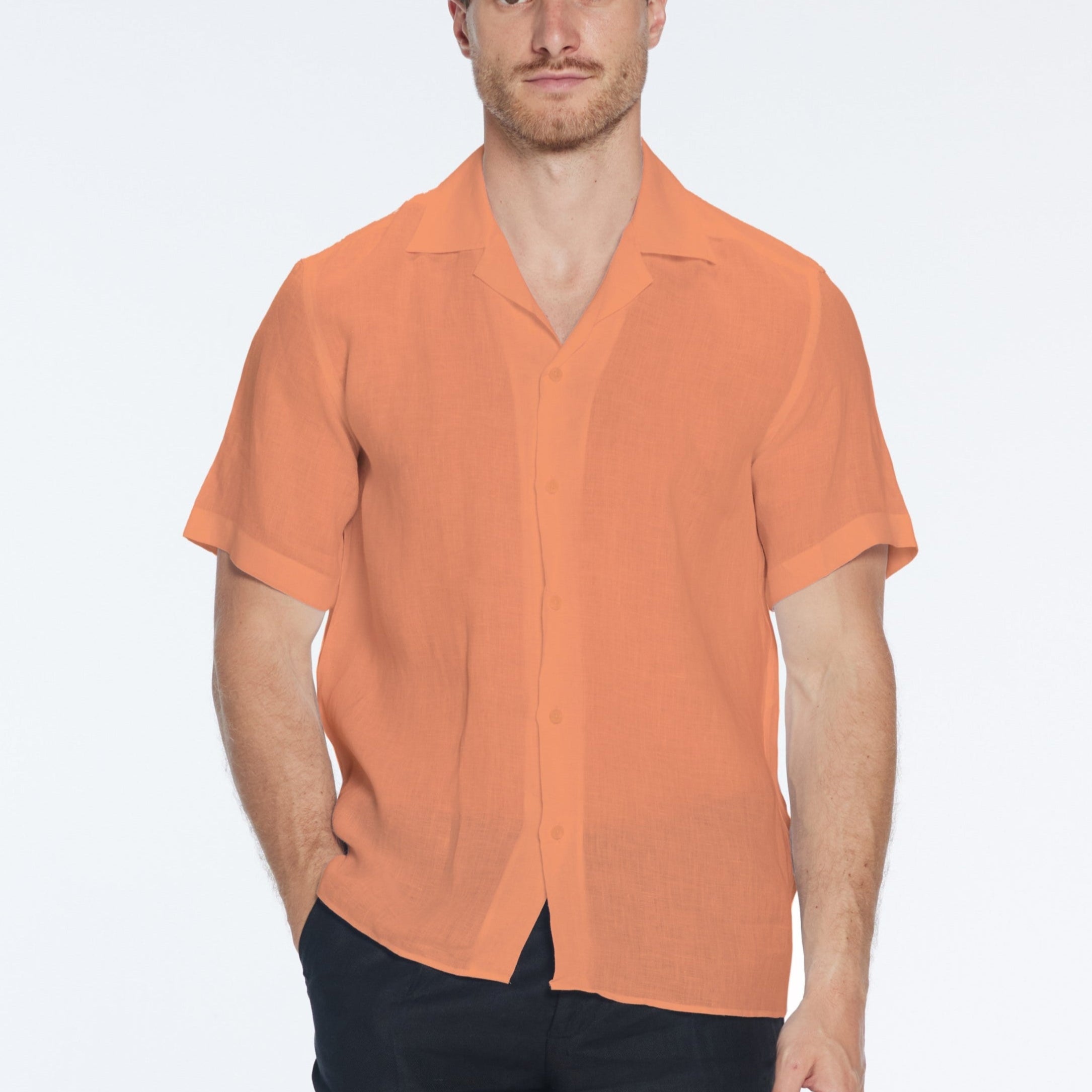 Romeo Orange Linen Shirt with Camp Collar | Moeva | Shirt | Each week unveils new pieces—luxury swimwear, fluid resort silhouettes, and elevated summer-to-evening essentials designed to carry you from coastal escapes to city nights.