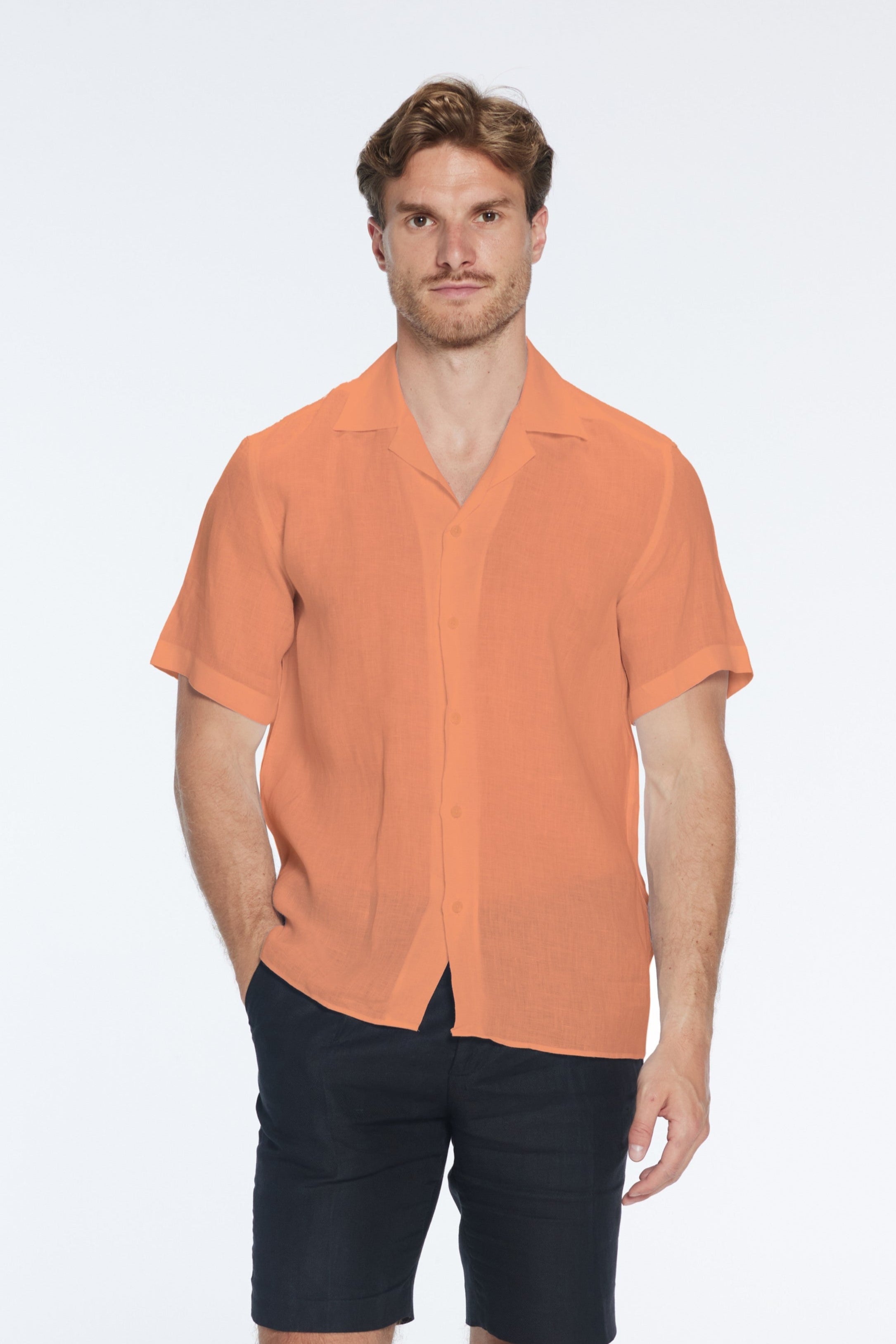Romeo Orange Linen Shirt with Camp Collar | Moeva | Men Classic Collar Shirts | Each week unveils new pieces—luxury swimwear, fluid resort silhouettes, and elevated summer-to-evening essentials designed to carry you from coastal escapes to city nights.