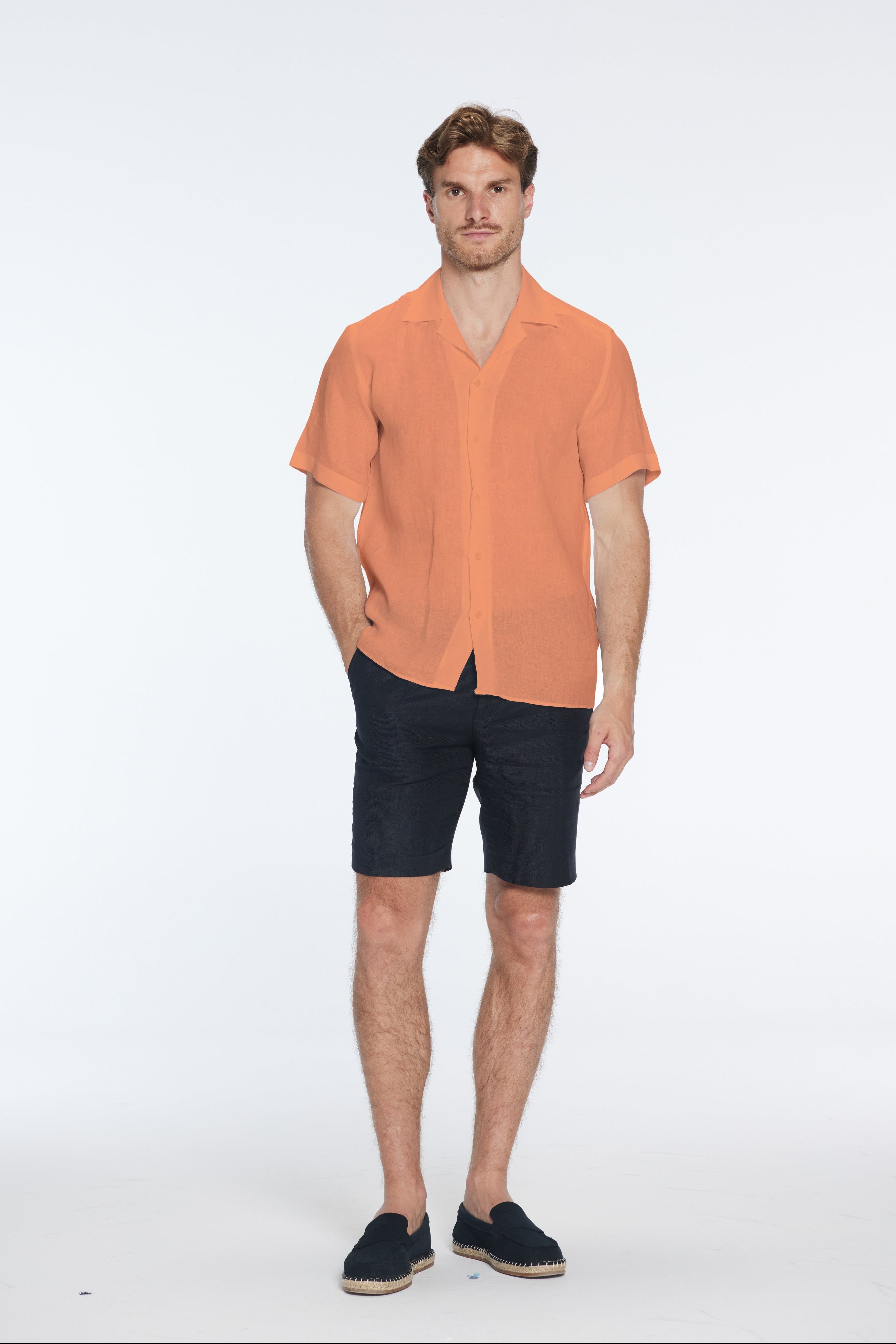 Romeo Orange Linen Shirt with Camp Collar | Moeva | Shirt | Each week unveils new pieces—luxury swimwear, fluid resort silhouettes, and elevated summer-to-evening essentials designed to carry you from coastal escapes to city nights.