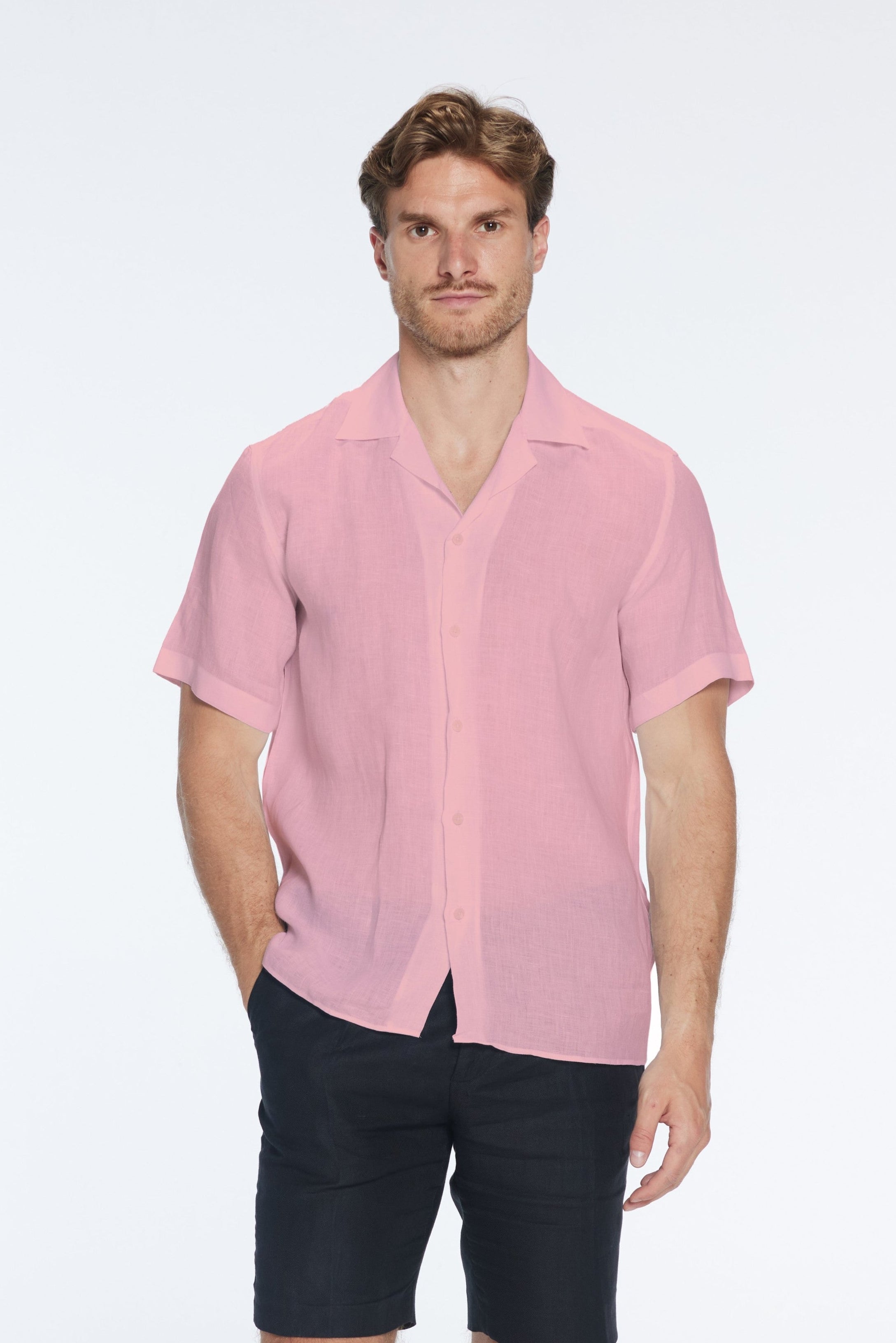Romeo Pink Linen Shirt with Camp Collar | Moeva | Men Classic Collar Shirts | Each week unveils new pieces—luxury swimwear, fluid resort silhouettes, and elevated summer-to-evening essentials designed to carry you from coastal escapes to city nights.