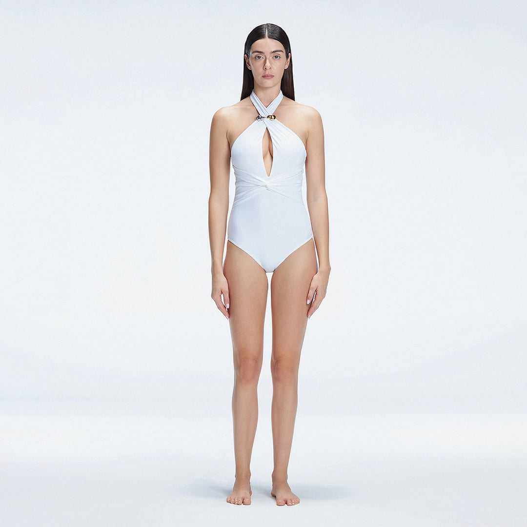 Rosamund White Halter Swimsuit | Moeva | One-Piece | Each week unveils new pieces—luxury swimwear, fluid resort silhouettes, and elevated summer-to-evening essentials designed to carry you from coastal escapes to city nights.