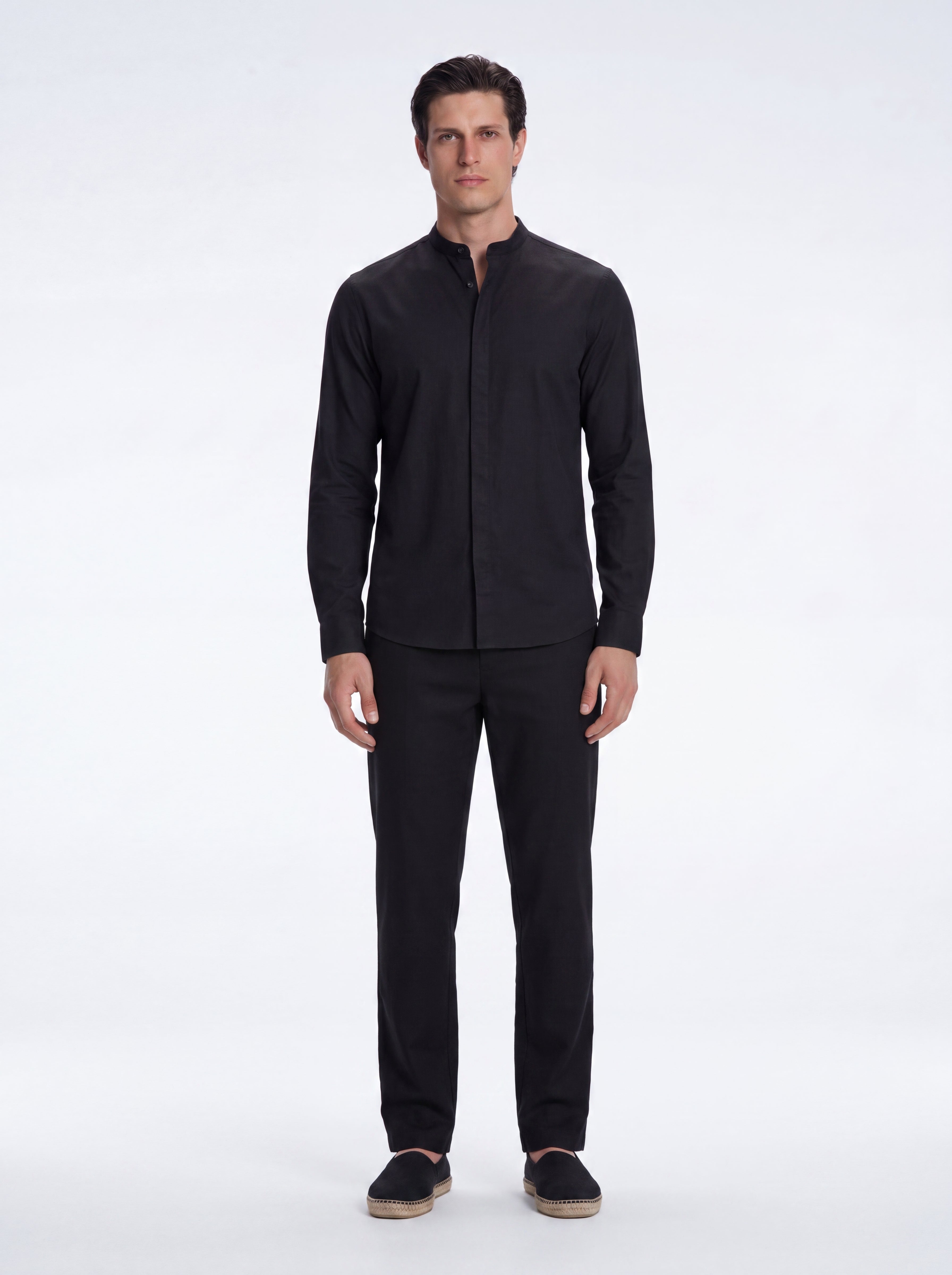 Ryan Black Linen Shirt with Grandad Collar