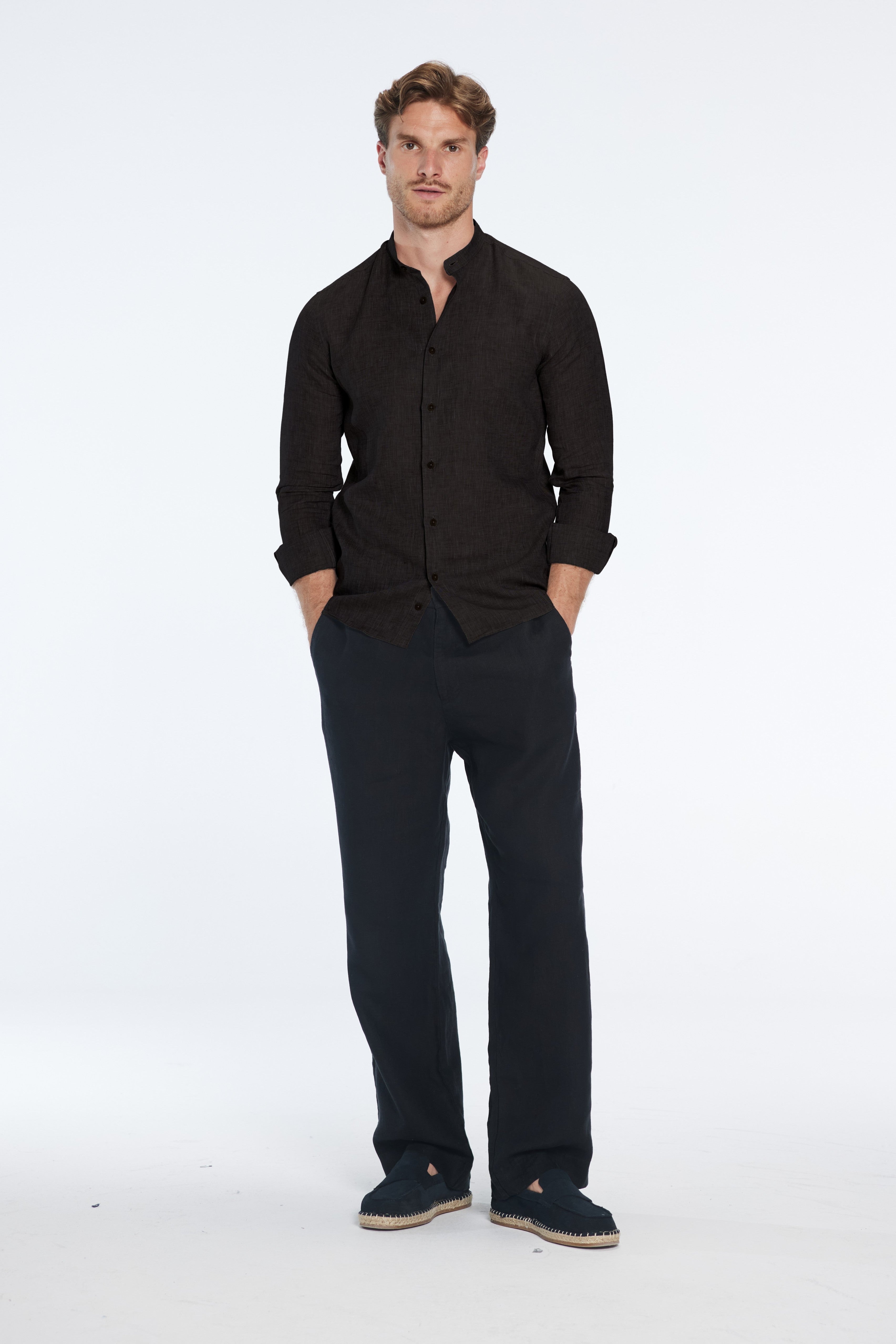 Ryan Black Linen Shirt with Grandad Collar | Moeva | Shirt | Each week unveils new pieces—luxury swimwear, fluid resort silhouettes, and elevated summer-to-evening essentials designed to carry you from coastal escapes to city nights.