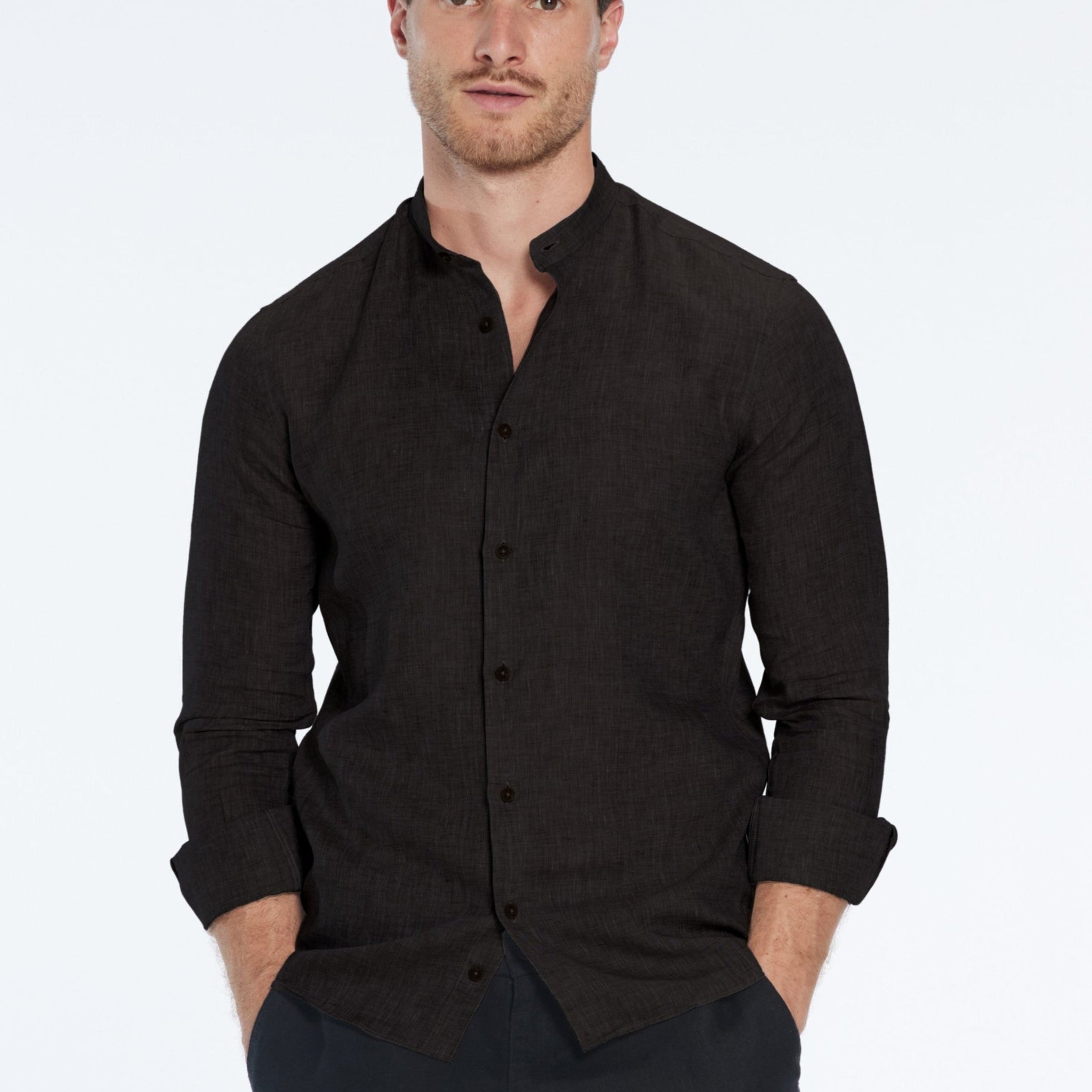 Ryan Black Linen Shirt with Grandad Collar | Moeva | Shirt | Each week unveils new pieces—luxury swimwear, fluid resort silhouettes, and elevated summer-to-evening essentials designed to carry you from coastal escapes to city nights.