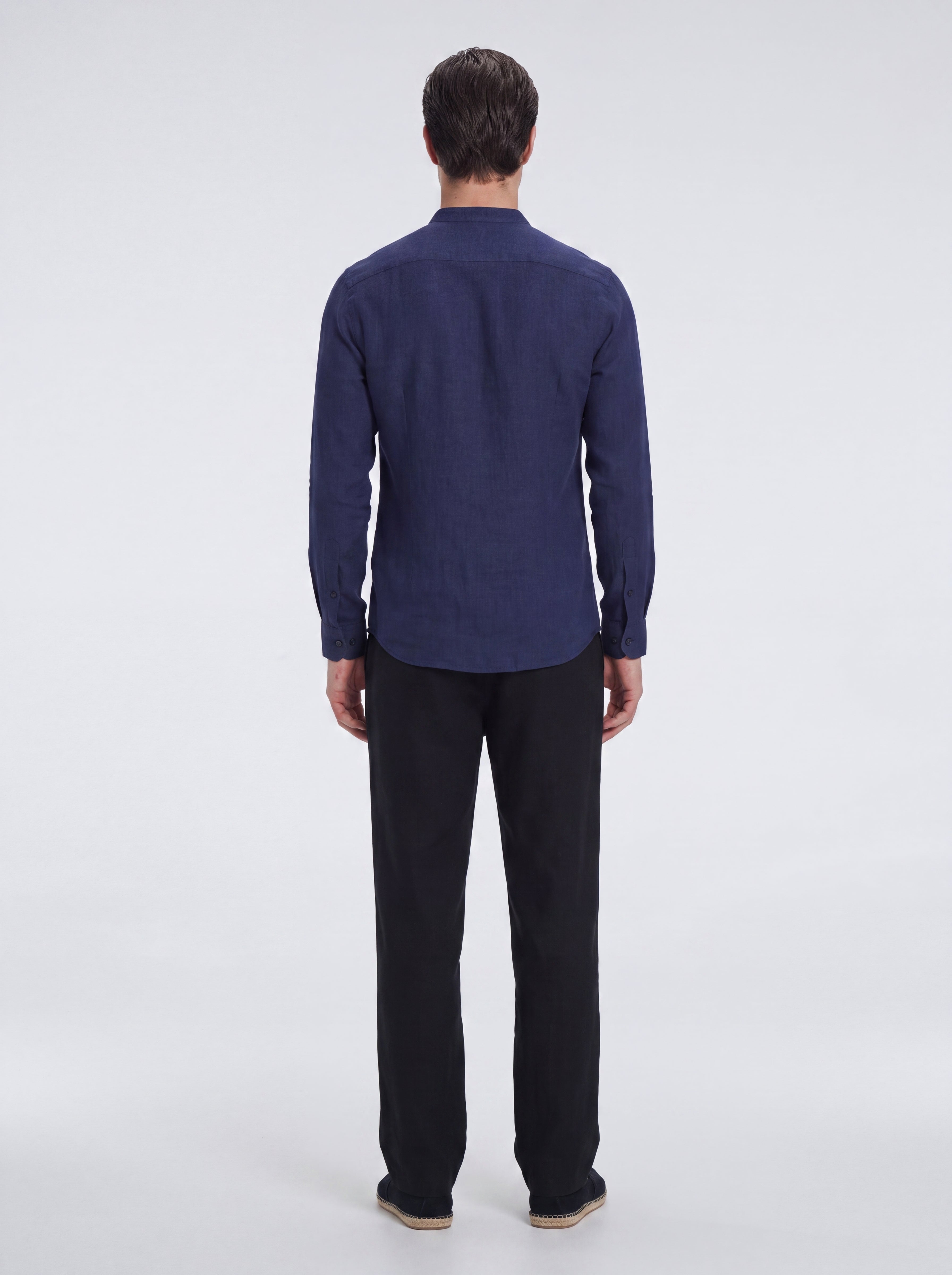 Ryan Dark Blue Linen Shirt with Grandad Collar | Moeva | Shirt | Each week unveils new pieces—luxury swimwear, fluid resort silhouettes, and elevated summer-to-evening essentials designed to carry you from coastal escapes to city nights.