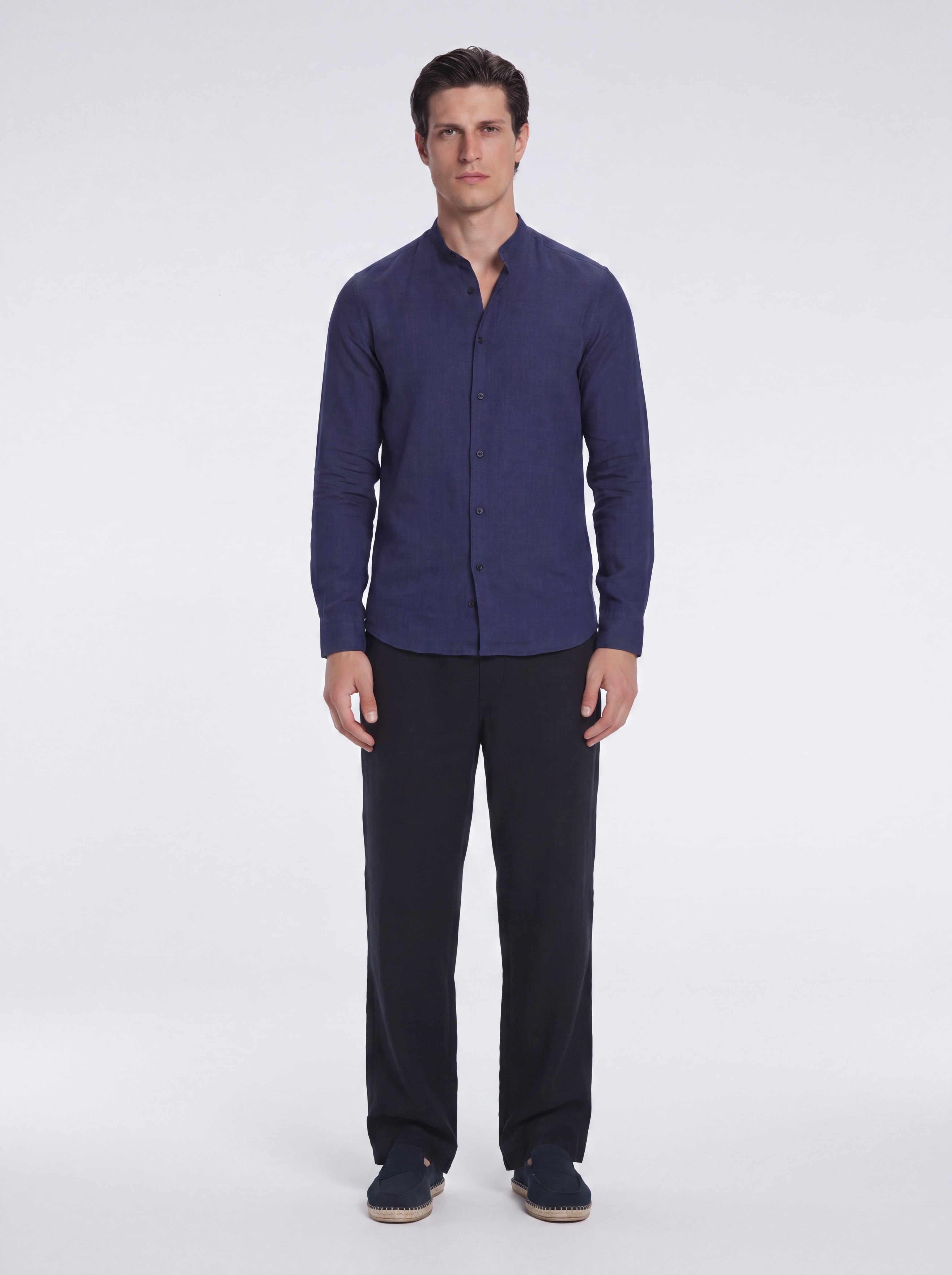 Ryan Dark Blue Linen Shirt with Grandad Collar | Moeva | Shirt | Each week unveils new pieces—luxury swimwear, fluid resort silhouettes, and elevated summer-to-evening essentials designed to carry you from coastal escapes to city nights.