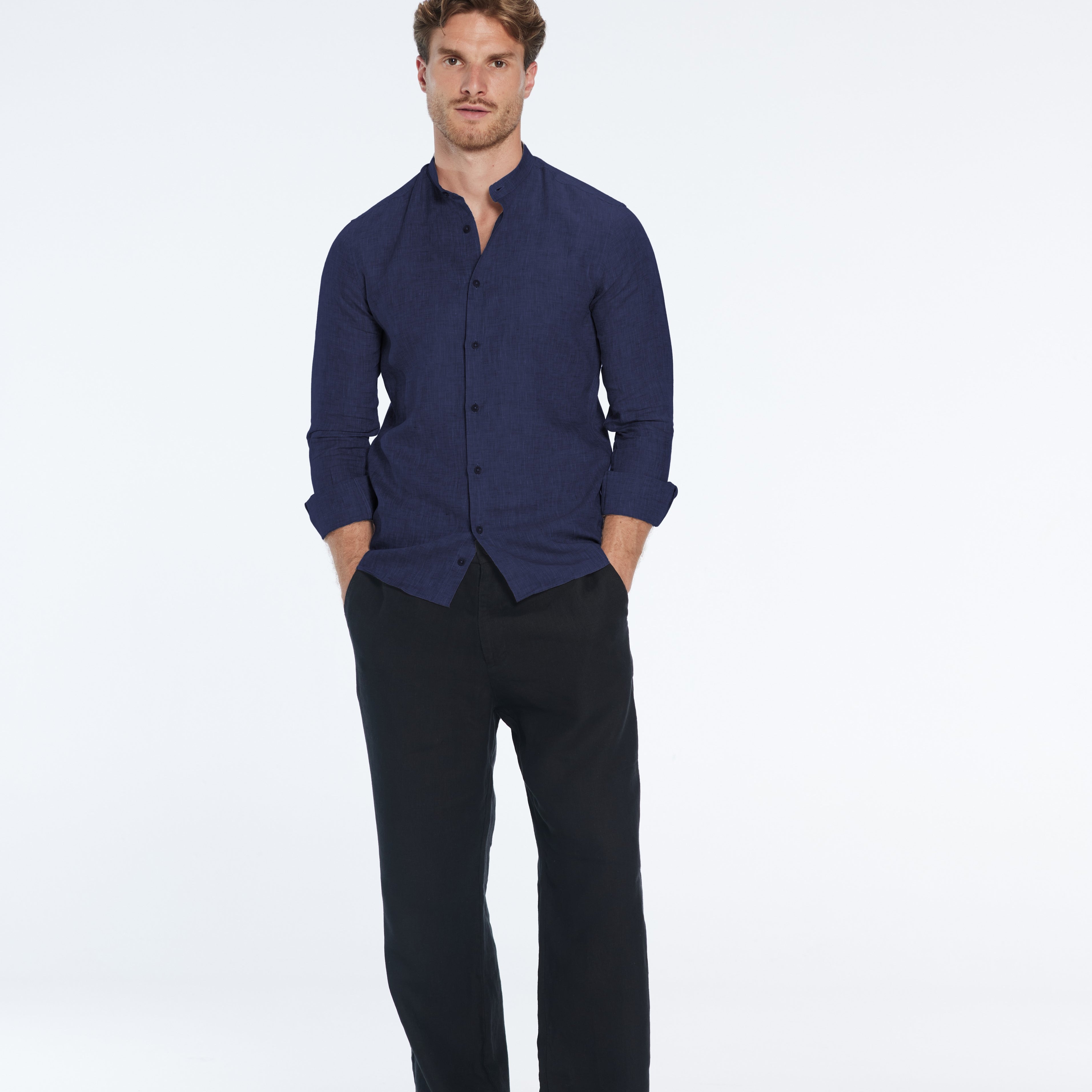 Ryan Dark Blue Linen Shirt with Grandad Collar | Moeva | Shirt | Each week unveils new pieces—luxury swimwear, fluid resort silhouettes, and elevated summer-to-evening essentials designed to carry you from coastal escapes to city nights.