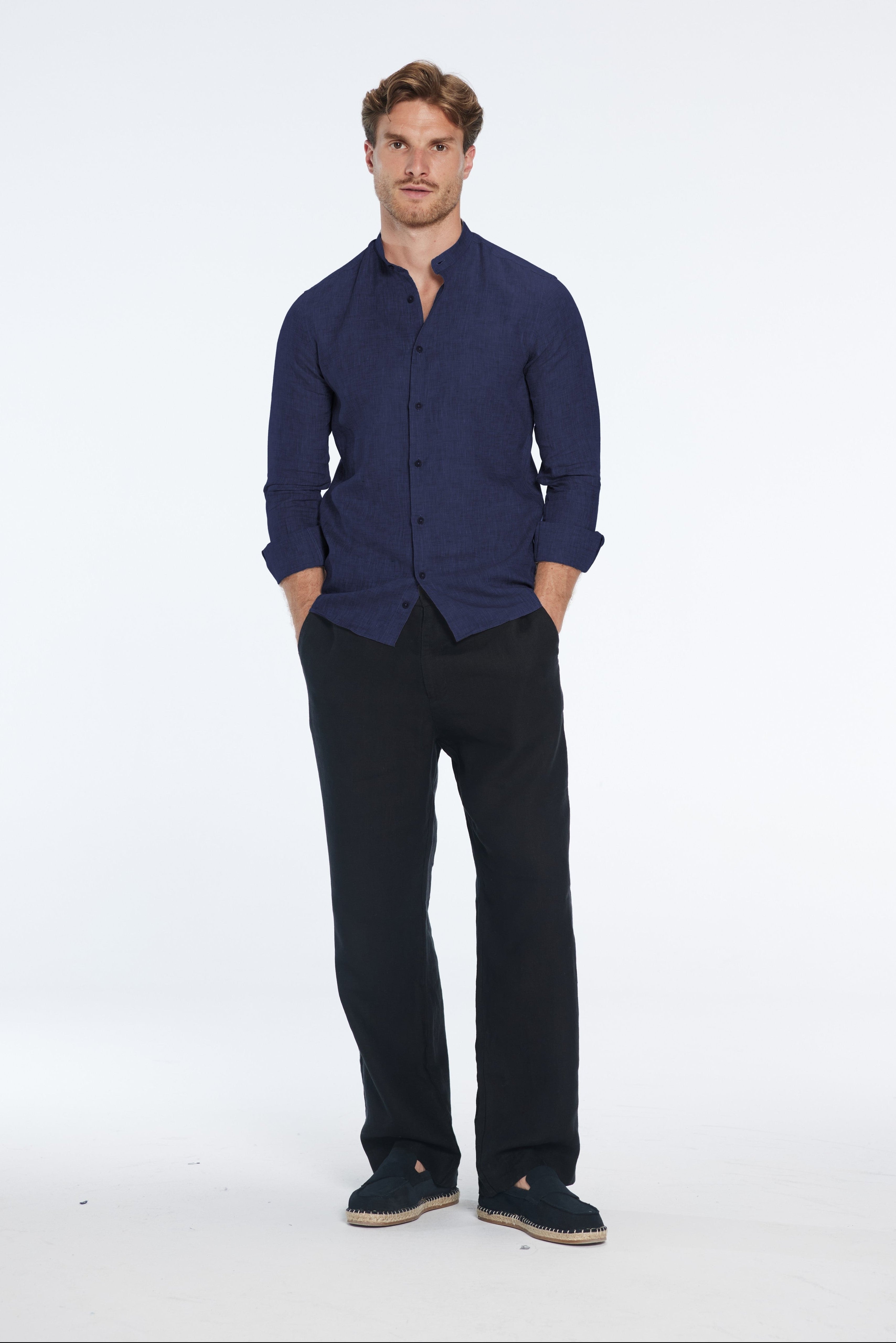 Ryan Dark Blue Linen Shirt with Grandad Collar | Moeva | Shirt | Each week unveils new pieces—luxury swimwear, fluid resort silhouettes, and elevated summer-to-evening essentials designed to carry you from coastal escapes to city nights.