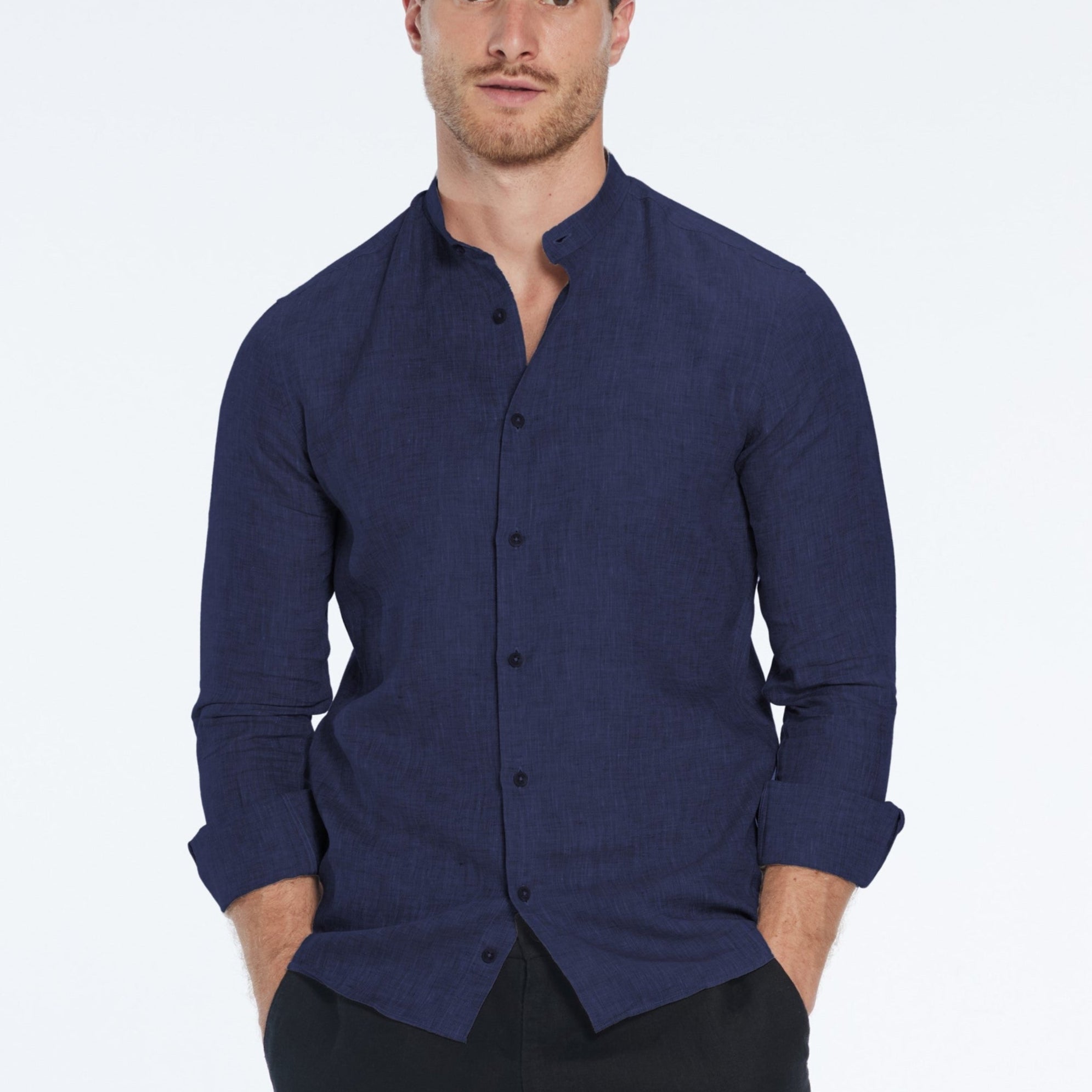 Ryan Dark Blue Linen Shirt with Grandad Collar | Moeva | Shirt | Each week unveils new pieces—luxury swimwear, fluid resort silhouettes, and elevated summer-to-evening essentials designed to carry you from coastal escapes to city nights.