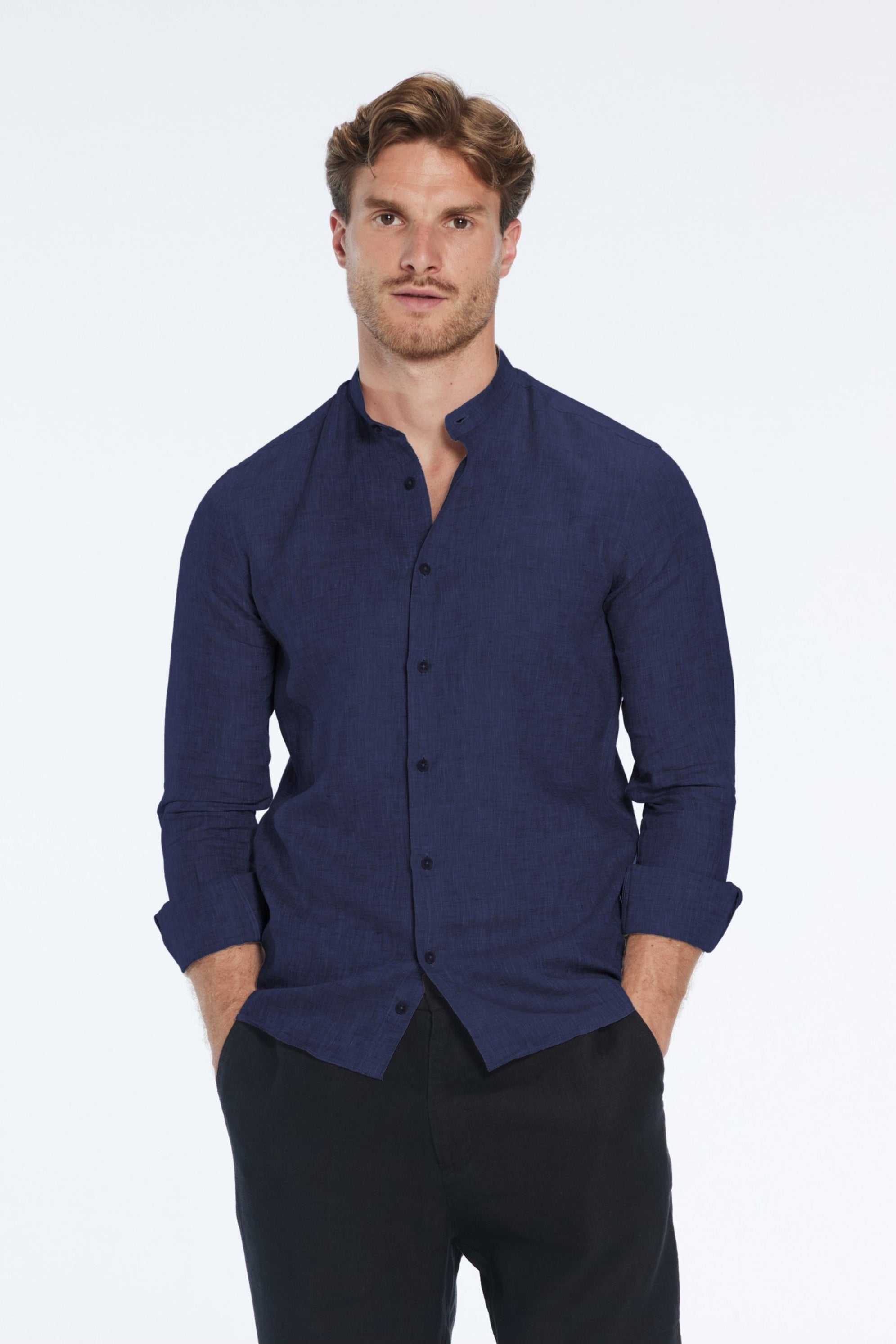 Ryan Dark Blue Linen Shirt with Grandad Collar | Moeva | Men Mandarin Collar Shirts | Each week unveils new pieces—luxury swimwear, fluid resort silhouettes, and elevated summer-to-evening essentials designed to carry you from coastal escapes to city nights.