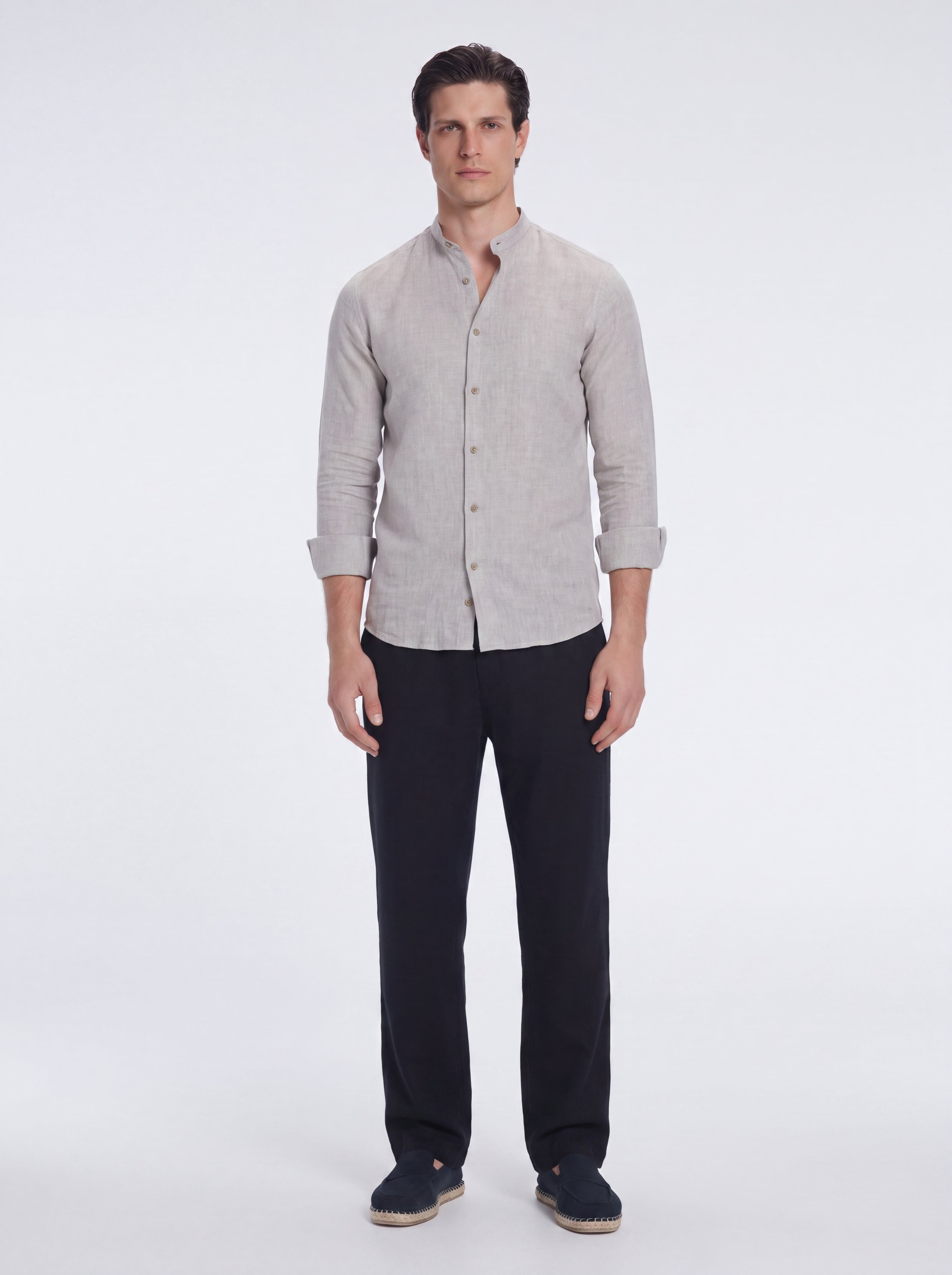 Ryan Grey Linen Shirt with Grandad Collar | Moeva | Shirt | Each week unveils new pieces—luxury swimwear, fluid resort silhouettes, and elevated summer-to-evening essentials designed to carry you from coastal escapes to city nights.