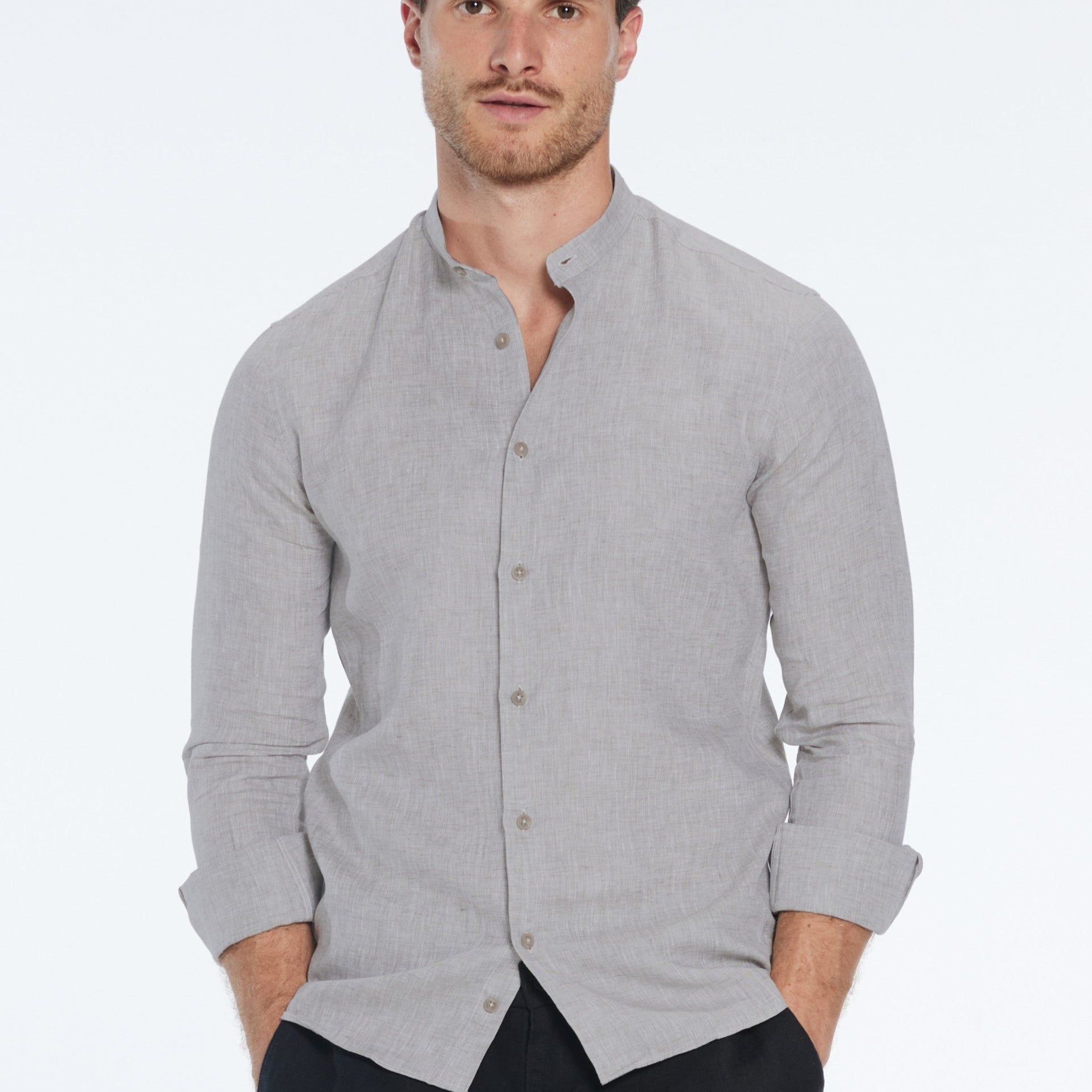Ryan Grey Linen Shirt with Grandad Collar | Moeva | Shirt | Each week unveils new pieces—luxury swimwear, fluid resort silhouettes, and elevated summer-to-evening essentials designed to carry you from coastal escapes to city nights.