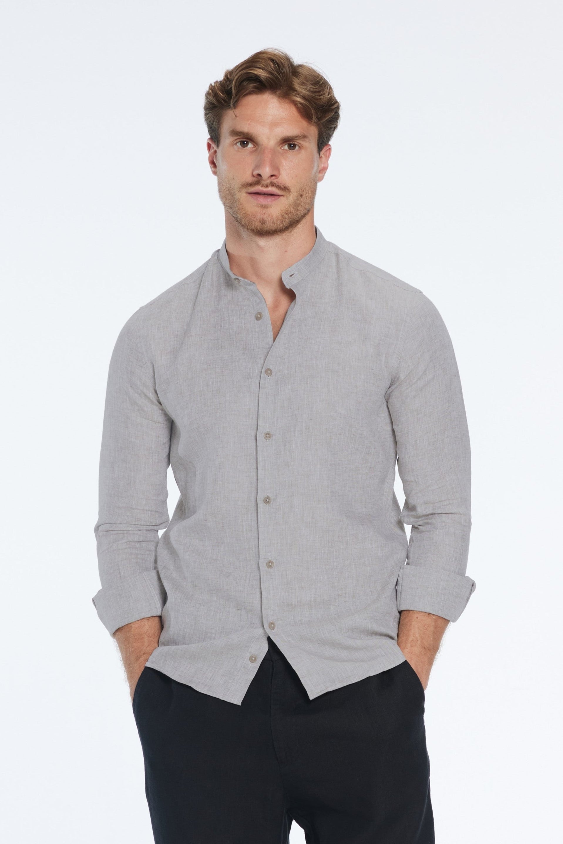 Ryan Grey Linen Shirt with Grandad Collar | Moeva | Men Mandarin Collar Shirts | Each week unveils new pieces—luxury swimwear, fluid resort silhouettes, and elevated summer-to-evening essentials designed to carry you from coastal escapes to city nights.