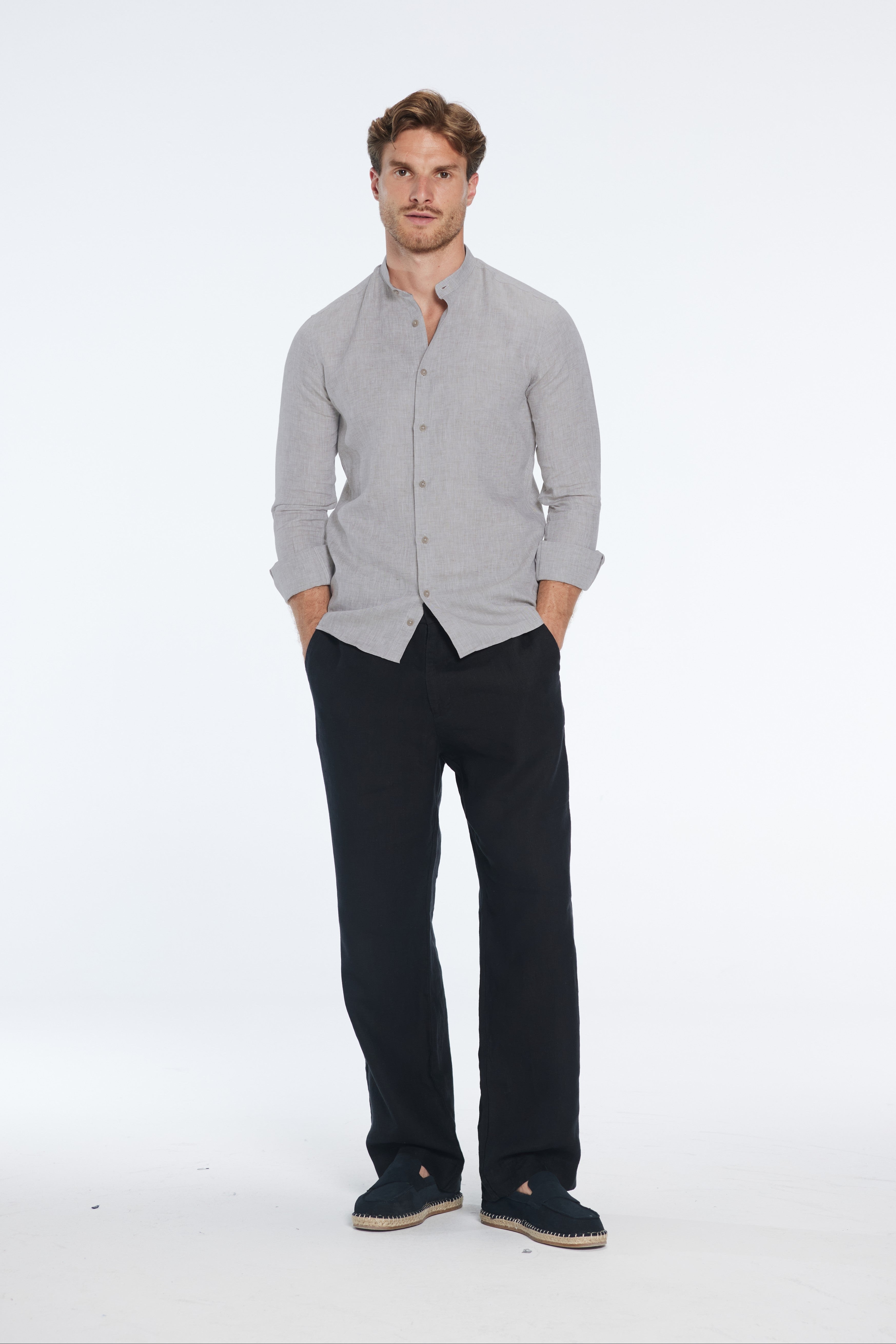Ryan Grey Linen Shirt with Grandad Collar | Moeva | Shirt | Each week unveils new pieces—luxury swimwear, fluid resort silhouettes, and elevated summer-to-evening essentials designed to carry you from coastal escapes to city nights.