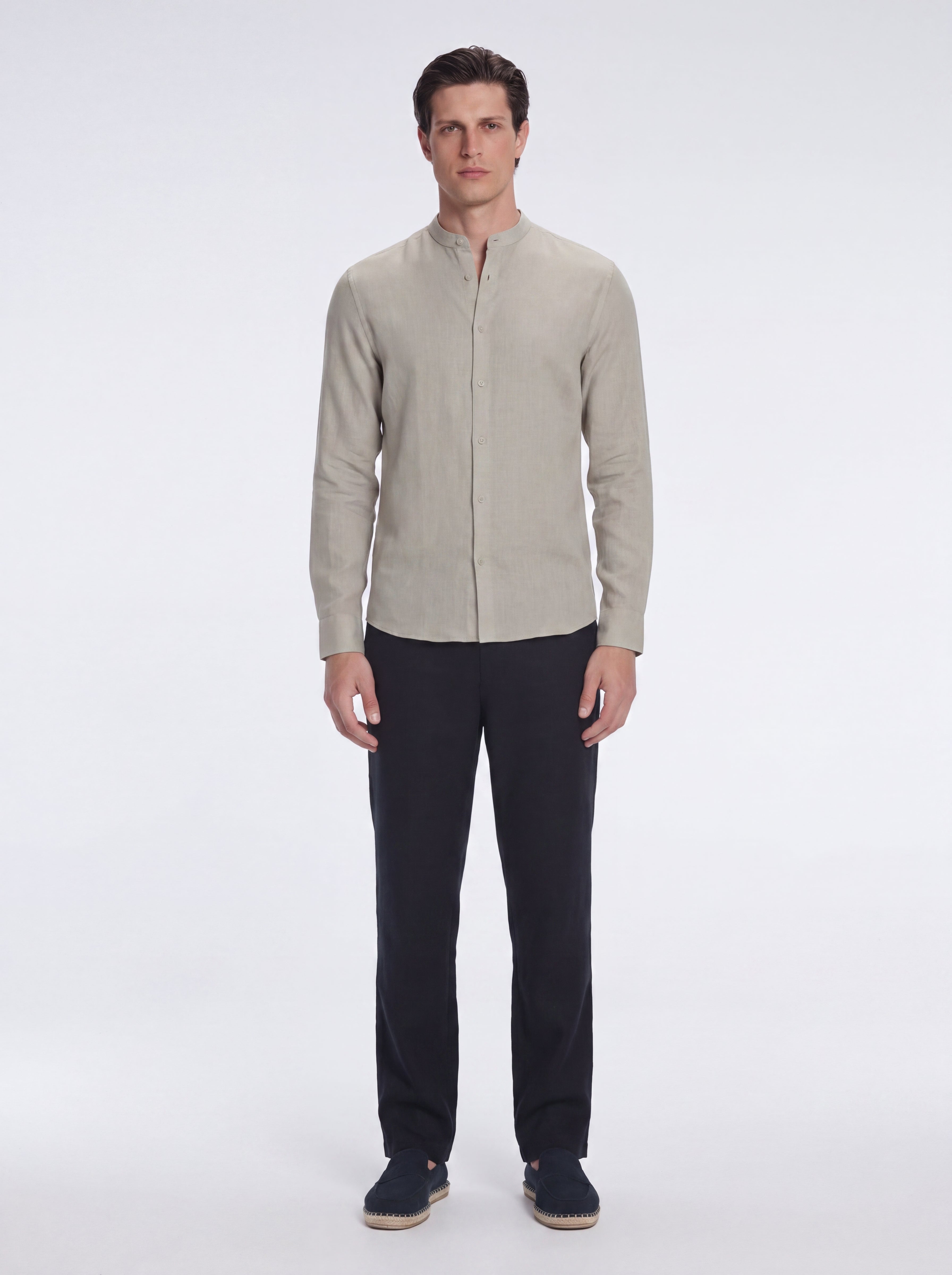 Ryan Khaki Linen Shirt with Grandad Collar | Moeva | Shirt | Each week unveils new pieces—luxury swimwear, fluid resort silhouettes, and elevated summer-to-evening essentials designed to carry you from coastal escapes to city nights.