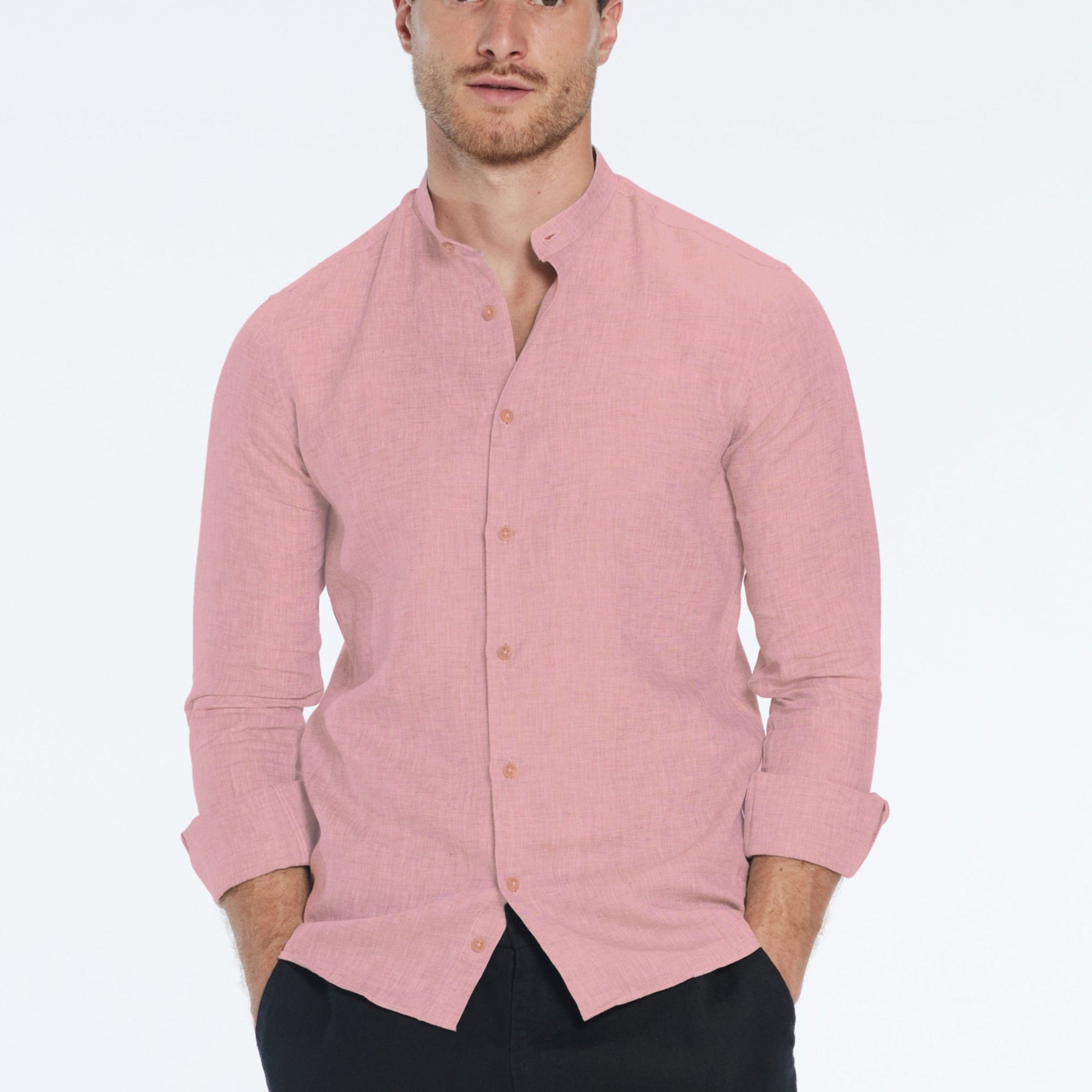 Ryan Pink Linen Shirt with Grandad Collar | Moeva | Shirt | Each week unveils new pieces—luxury swimwear, fluid resort silhouettes, and elevated summer-to-evening essentials designed to carry you from coastal escapes to city nights.