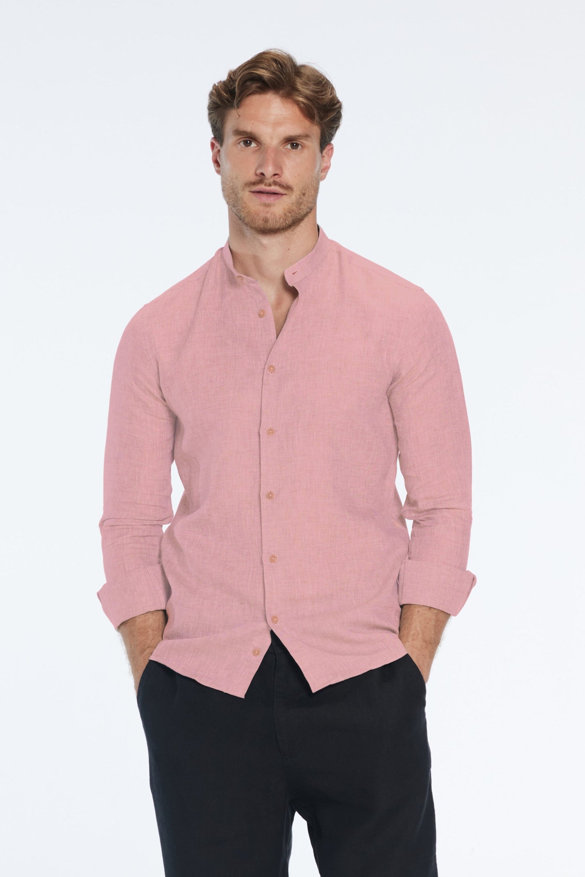 Ryan Pink Linen Shirt with Grandad Collar | Moeva | Men Mandarin Collar Shirts | Each week unveils new pieces—luxury swimwear, fluid resort silhouettes, and elevated summer-to-evening essentials designed to carry you from coastal escapes to city nights.