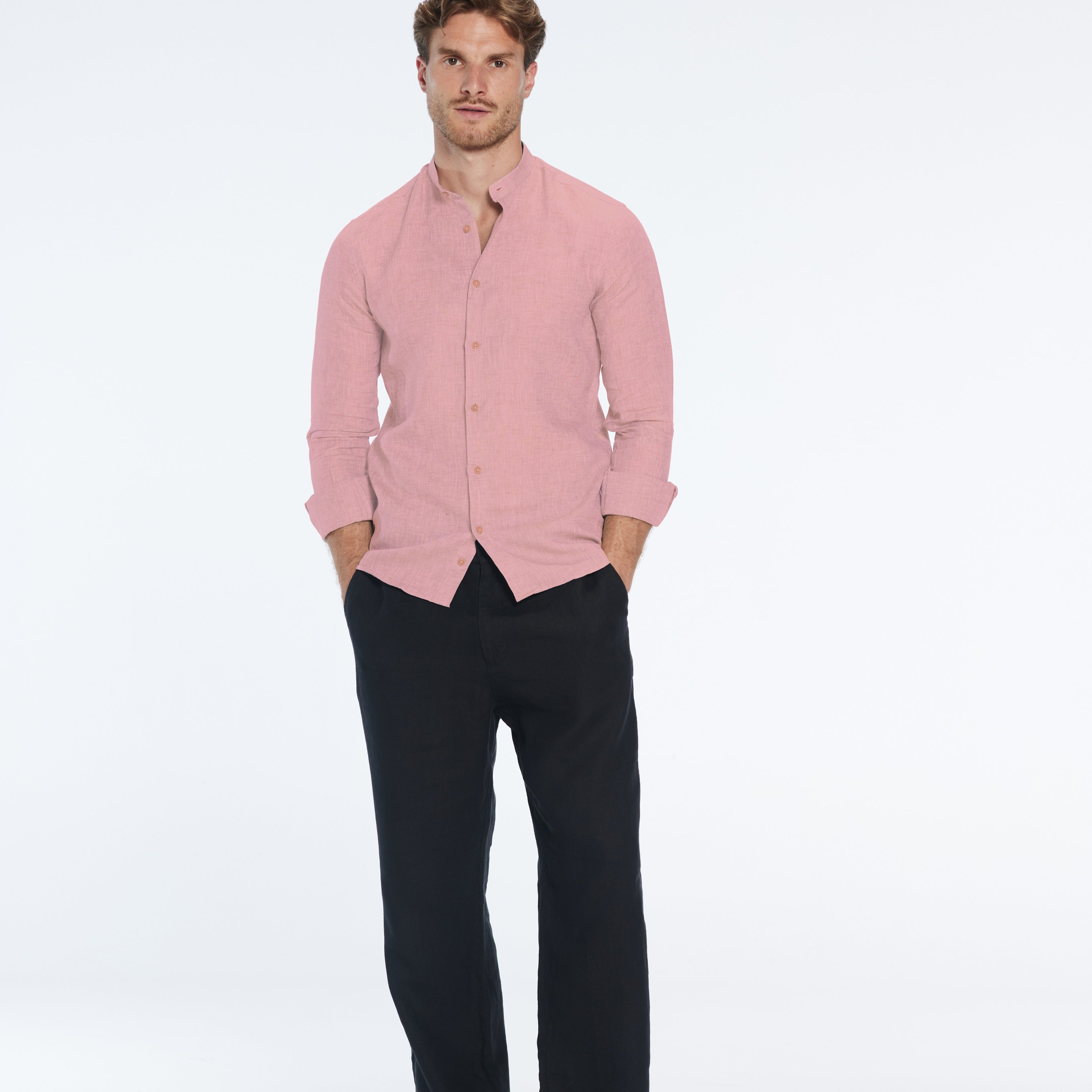 Ryan Pink Linen Shirt with Grandad Collar | Moeva | Shirt | Each week unveils new pieces—luxury swimwear, fluid resort silhouettes, and elevated summer-to-evening essentials designed to carry you from coastal escapes to city nights.