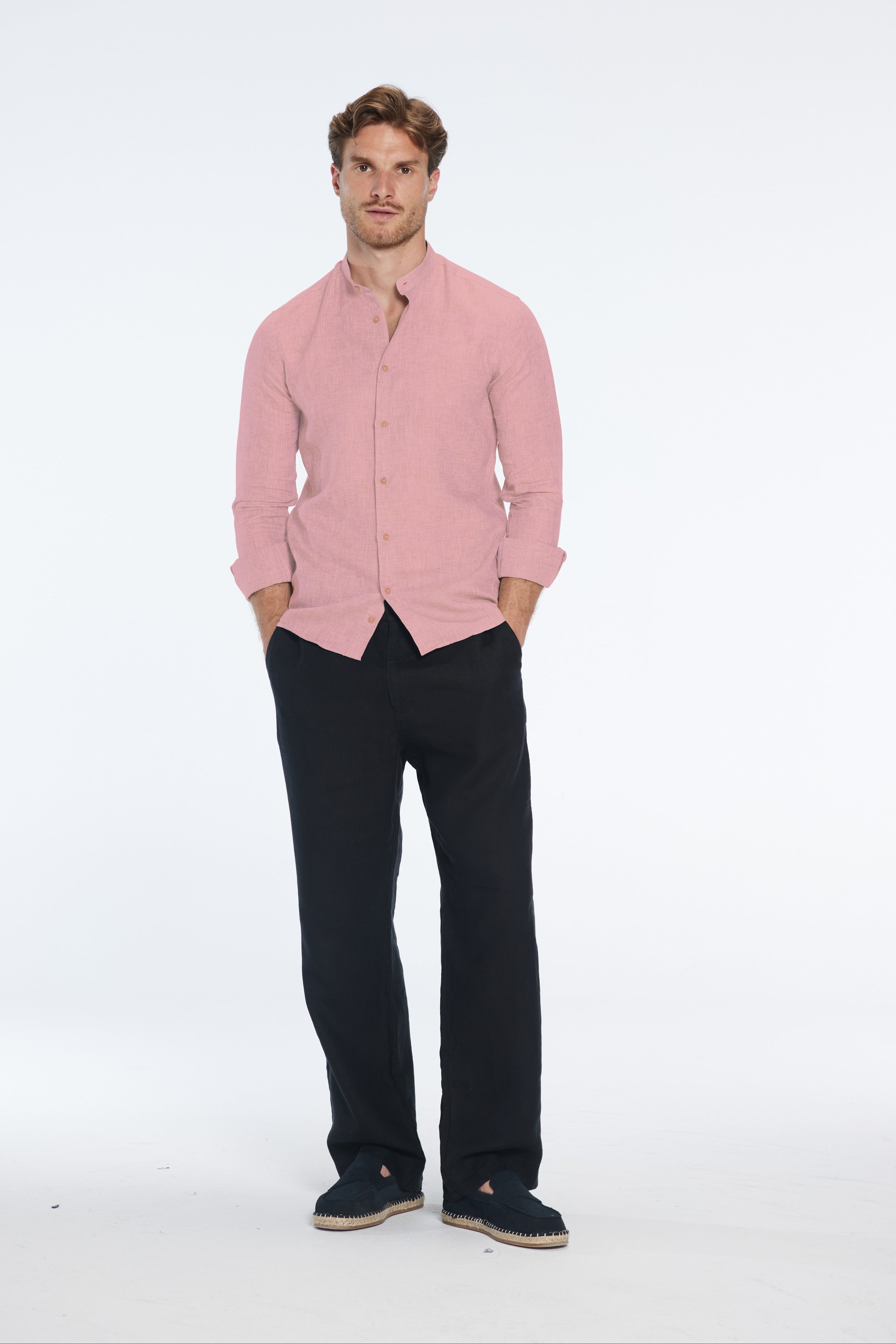 Ryan Pink Linen Shirt with Grandad Collar | Moeva | Shirt | Each week unveils new pieces—luxury swimwear, fluid resort silhouettes, and elevated summer-to-evening essentials designed to carry you from coastal escapes to city nights.