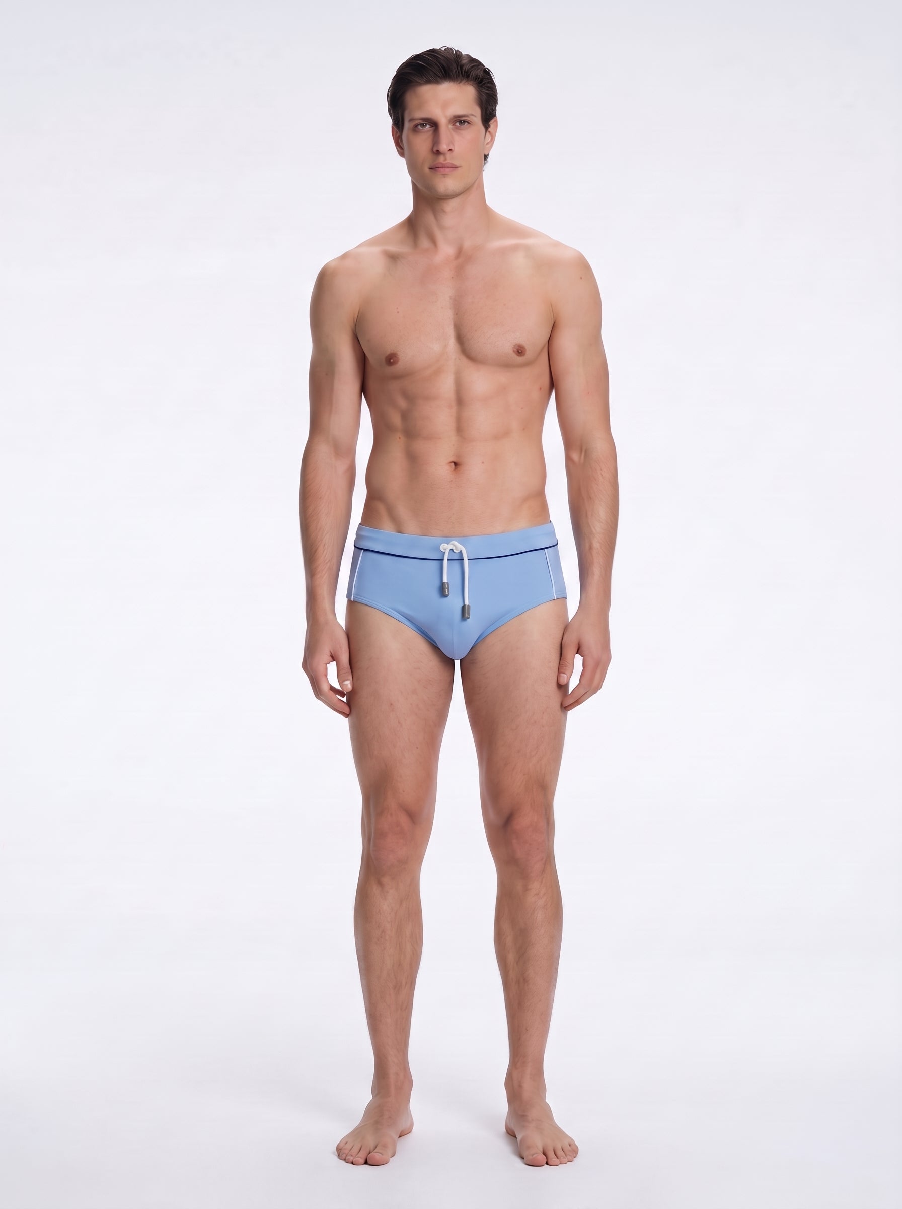 Ricardo Baby Blue/Blue/White Quick Dry Swim Briefs with Drawcord | Moeva | Briefs | Each week unveils new pieces—luxury swimwear, fluid resort silhouettes, and elevated summer-to-evening essentials designed to carry you from coastal escapes to city nights.
