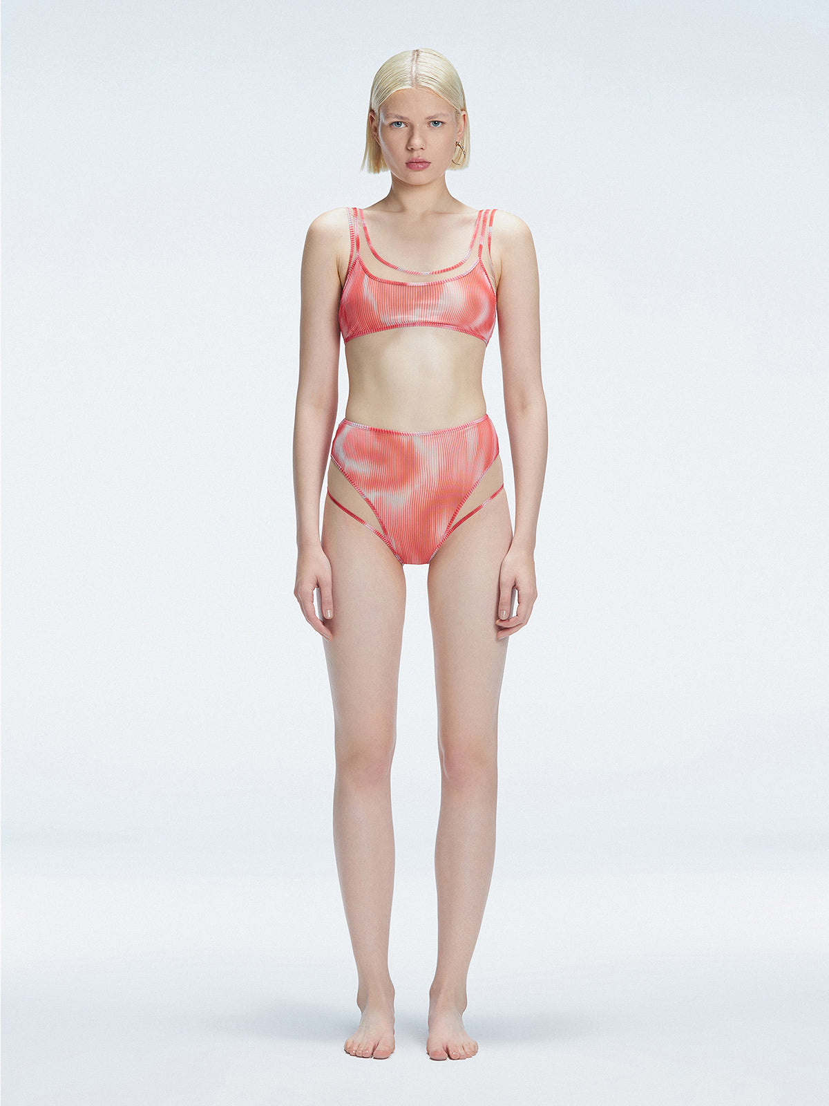 Rosalind Red Optical Scoop Neck 3D Print Bikini Top | Moeva | Bikini Top | Each week unveils new pieces—luxury swimwear, fluid resort silhouettes, and elevated summer-to-evening essentials designed to carry you from coastal escapes to city nights.