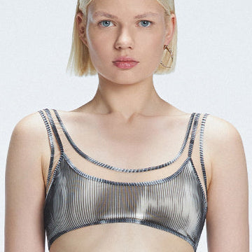 Rosalind Black Optical Scoop Neck 3D Print Bikini Top | Moeva | Bikini Top | Each week unveils new pieces—luxury swimwear, fluid resort silhouettes, and elevated summer-to-evening essentials designed to carry you from coastal escapes to city nights.