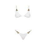Selena White Triangle Gold Chain Strap Mid Coverage Satin Bikini Set | Moeva | Bikini Set | Each week unveils new pieces—luxury swimwear, fluid resort silhouettes, and elevated summer-to-evening essentials designed to carry you from coastal escapes to city nights.
