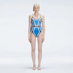 Seraphina Blue Optical Scoop Neck Swimsuit | Moeva | One-Piece | Each week unveils new pieces—luxury swimwear, fluid resort silhouettes, and elevated summer-to-evening essentials designed to carry you from coastal escapes to city nights.