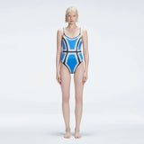 Seraphina Blue Optical Scoop Neck Swimsuit | Moeva | One-Piece | Each week unveils new pieces—luxury swimwear, fluid resort silhouettes, and elevated summer-to-evening essentials designed to carry you from coastal escapes to city nights.