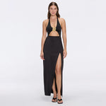 Serres Satin Black Halter Maxi Dress with Cut-Out and Gold Detail | Moeva | Dress | Each week unveils new pieces—luxury swimwear, fluid resort silhouettes, and elevated summer-to-evening essentials designed to carry you from coastal escapes to city nights.