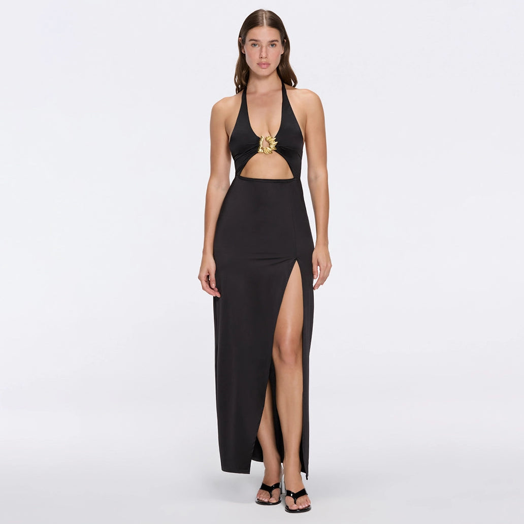 Serres Satin Black Halter Maxi Dress with Cut-Out and Gold Detail | Moeva | Dress | Each week unveils new pieces—luxury swimwear, fluid resort silhouettes, and elevated summer-to-evening essentials designed to carry you from coastal escapes to city nights.