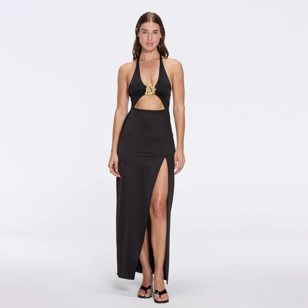 Serres Satin Black Halter Maxi Dress with Cut-Out and Gold Detail | Moeva | Dress | Each week unveils new pieces—luxury swimwear, fluid resort silhouettes, and elevated summer-to-evening essentials designed to carry you from coastal escapes to city nights.