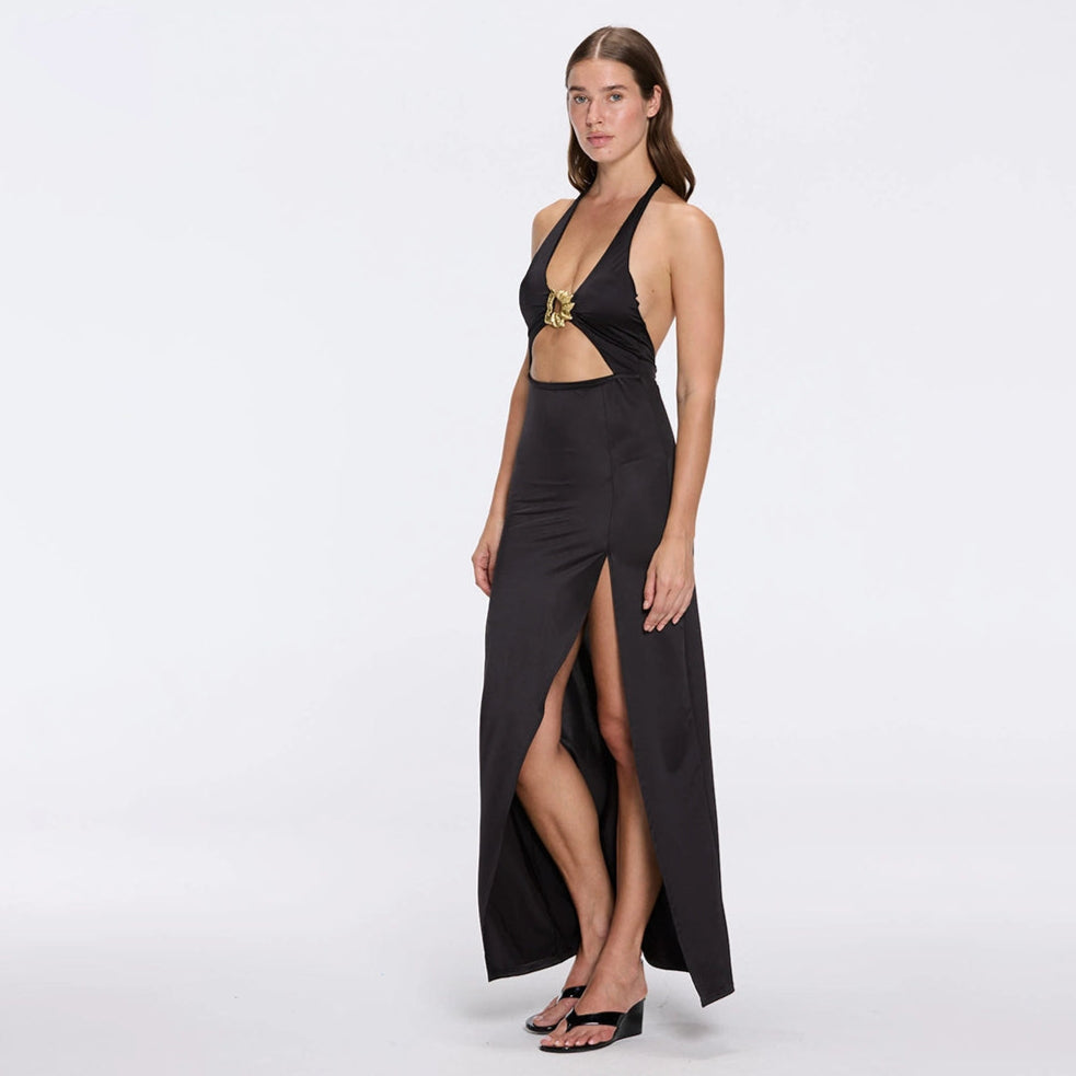 Serres Satin Black Halter Maxi Dress with Cut-Out and Gold Detail | Moeva | Dress | Each week unveils new pieces—luxury swimwear, fluid resort silhouettes, and elevated summer-to-evening essentials designed to carry you from coastal escapes to city nights.