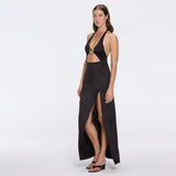 Serres Satin Black Halter Maxi Dress with Cut-Out and Gold Detail | Moeva | Dress | Each week unveils new pieces—luxury swimwear, fluid resort silhouettes, and elevated summer-to-evening essentials designed to carry you from coastal escapes to city nights.