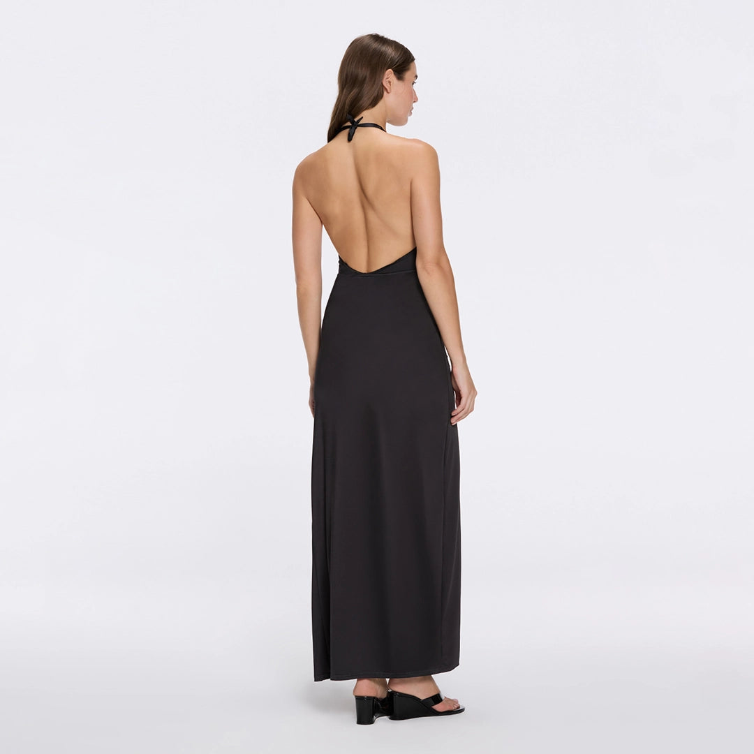 Serres Satin Black Halter Maxi Dress with Cut-Out and Gold Detail | Moeva | Dress | Each week unveils new pieces—luxury swimwear, fluid resort silhouettes, and elevated summer-to-evening essentials designed to carry you from coastal escapes to city nights.