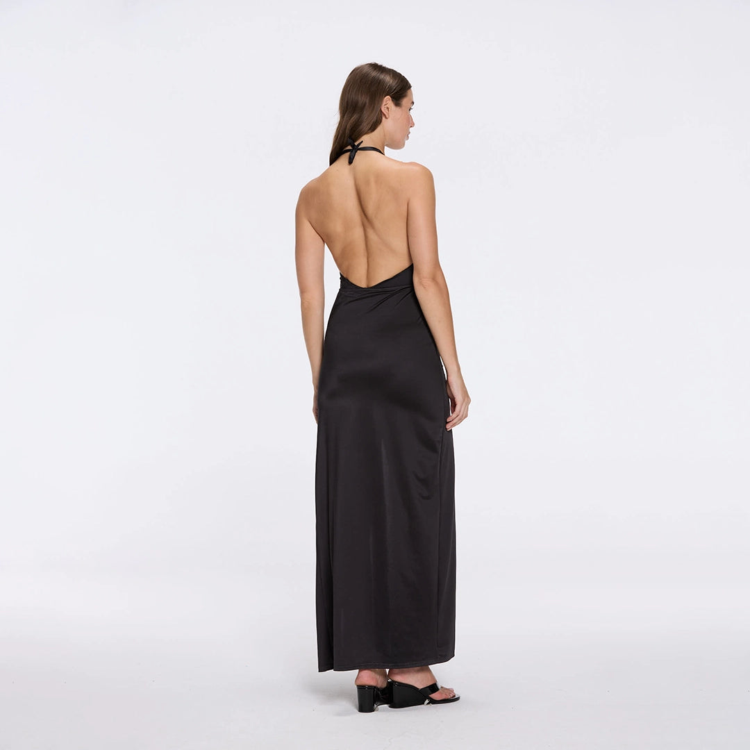 Serres Satin Black Halter Maxi Dress with Cut-Out and Gold Detail | Moeva | Dress | Each week unveils new pieces—luxury swimwear, fluid resort silhouettes, and elevated summer-to-evening essentials designed to carry you from coastal escapes to city nights.