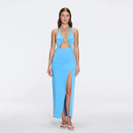 Serres Satin Blue Halter Maxi Dress with Cut-Out and Gold Detail | Moeva | Dress | Each week unveils new pieces—luxury swimwear, fluid resort silhouettes, and elevated summer-to-evening essentials designed to carry you from coastal escapes to city nights.
