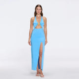 Serres Satin Blue Halter Maxi Dress with Cut-Out and Gold Detail | Moeva | Dress | Each week unveils new pieces—luxury swimwear, fluid resort silhouettes, and elevated summer-to-evening essentials designed to carry you from coastal escapes to city nights.