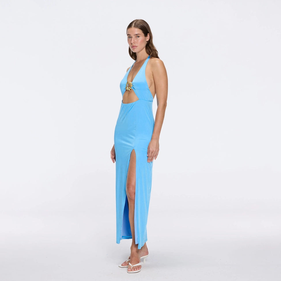 Serres Satin Blue Halter Maxi Dress with Cut-Out and Gold Detail | Moeva | Dress | Each week unveils new pieces—luxury swimwear, fluid resort silhouettes, and elevated summer-to-evening essentials designed to carry you from coastal escapes to city nights.