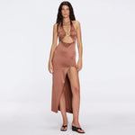 Serres Satin Brown Halter Maxi Dress with Cut-Out and Gold Detail | Moeva | Dress | Each week unveils new pieces—luxury swimwear, fluid resort silhouettes, and elevated summer-to-evening essentials designed to carry you from coastal escapes to city nights.