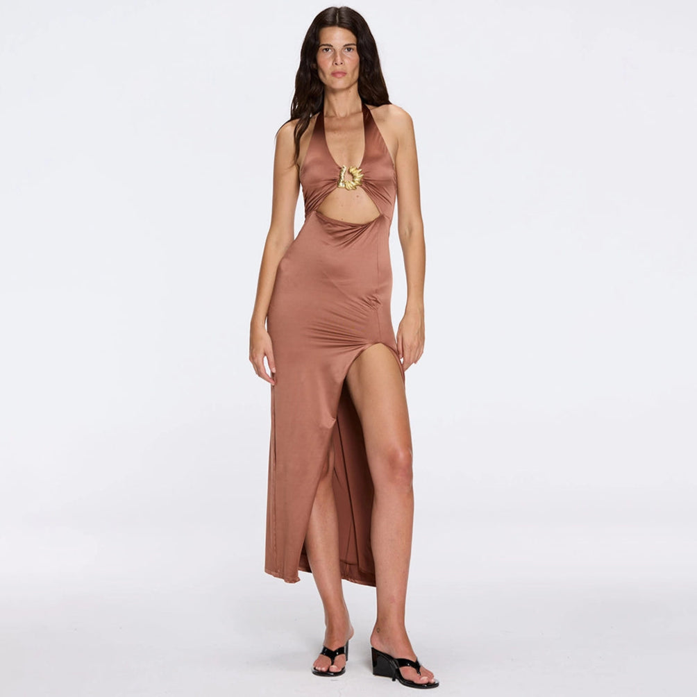 Serres Satin Brown Halter Maxi Dress with Cut-Out and Gold Detail | Moeva | Dress | Each week unveils new pieces—luxury swimwear, fluid resort silhouettes, and elevated summer-to-evening essentials designed to carry you from coastal escapes to city nights.