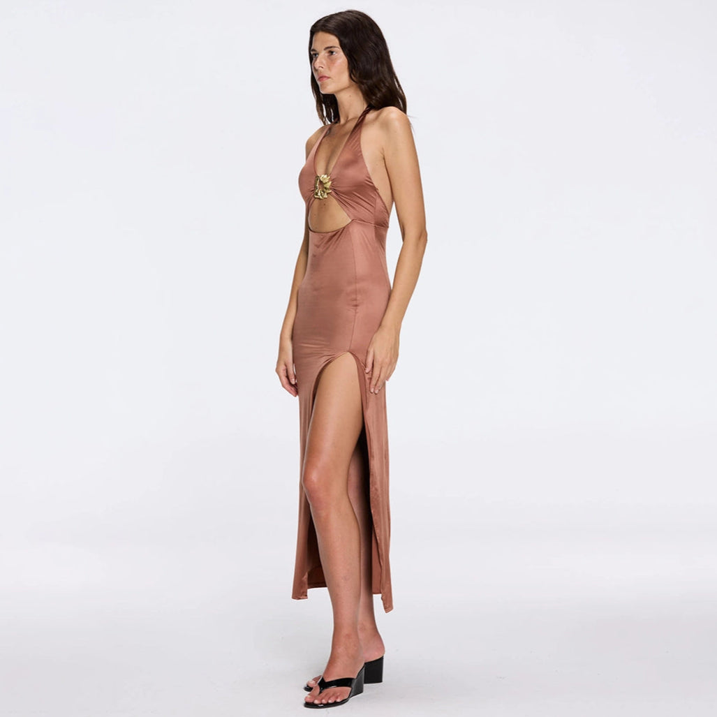 Serres Satin Brown Halter Maxi Dress with Cut-Out and Gold Detail | Moeva | Dress | Each week unveils new pieces—luxury swimwear, fluid resort silhouettes, and elevated summer-to-evening essentials designed to carry you from coastal escapes to city nights.