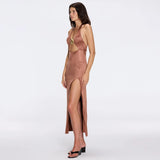 Serres Satin Brown Halter Maxi Dress with Cut-Out and Gold Detail | Moeva | Dress | Each week unveils new pieces—luxury swimwear, fluid resort silhouettes, and elevated summer-to-evening essentials designed to carry you from coastal escapes to city nights.