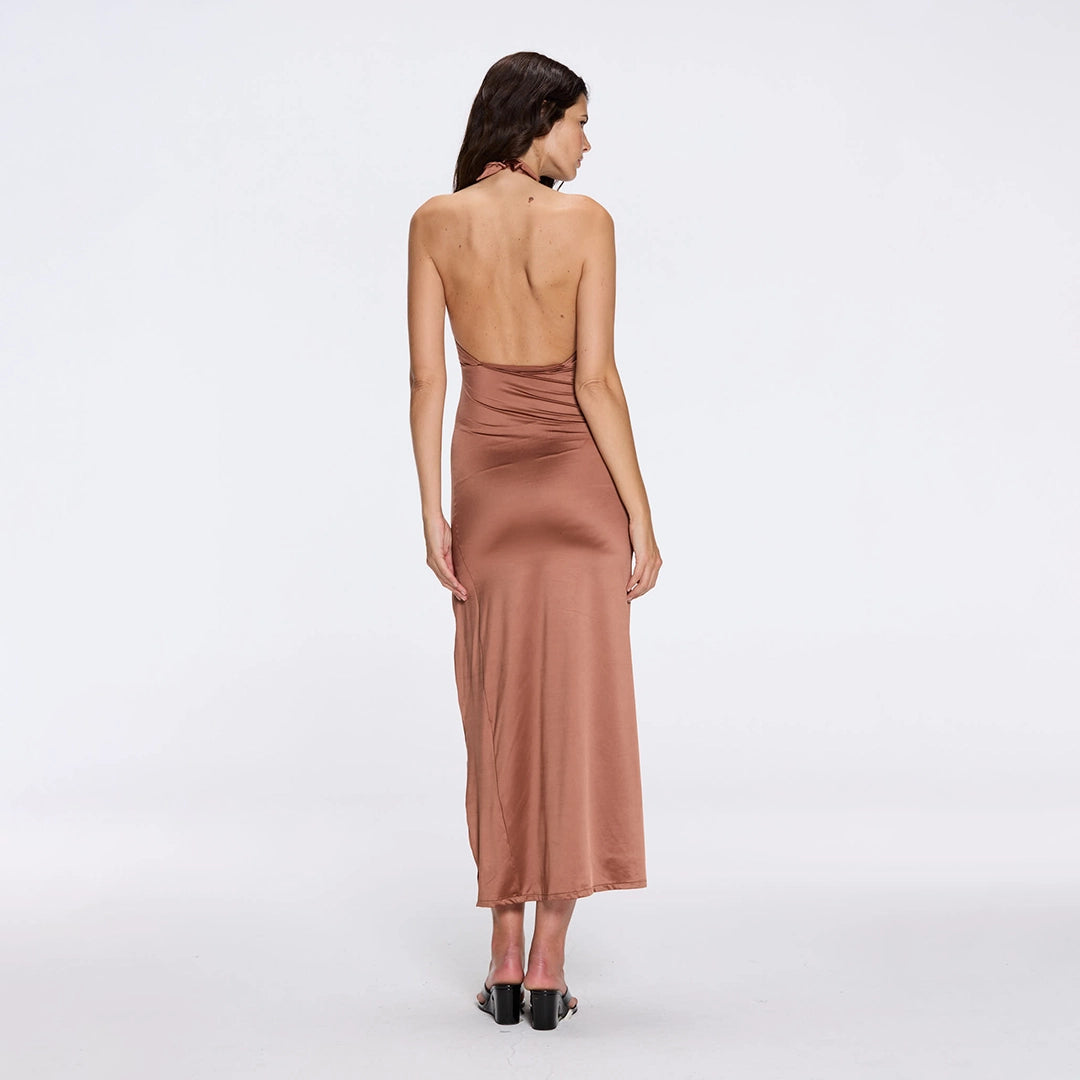 Serres Satin Brown Halter Maxi Dress with Cut-Out and Gold Detail | Moeva | Dress | Each week unveils new pieces—luxury swimwear, fluid resort silhouettes, and elevated summer-to-evening essentials designed to carry you from coastal escapes to city nights.