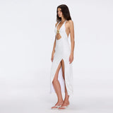 Serres Satin White Halter Maxi Dress with Cut-Out and Gold Detail | Moeva | Dress | Each week unveils new pieces—luxury swimwear, fluid resort silhouettes, and elevated summer-to-evening essentials designed to carry you from coastal escapes to city nights.
