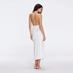 Serres Satin White Halter Maxi Dress with Cut-Out and Gold Detail | Moeva | Dress | Each week unveils new pieces—luxury swimwear, fluid resort silhouettes, and elevated summer-to-evening essentials designed to carry you from coastal escapes to city nights.