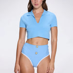 Shandy Baby Blue Polo Collar Knitted Crop Top | Moeva | RTW Bustiers | Each week unveils new pieces—luxury swimwear, fluid resort silhouettes, and elevated summer-to-evening essentials designed to carry you from coastal escapes to city nights.