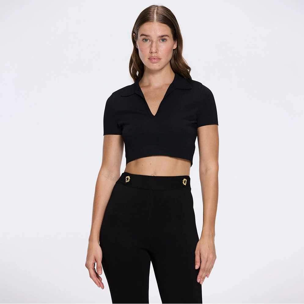 Shandy Polo Collar Knitted Crop Top And Colette Black Pants Set | Moeva | Crop Top | Each week unveils new pieces—luxury swimwear, fluid resort silhouettes, and elevated summer-to-evening essentials designed to carry you from coastal escapes to city nights.